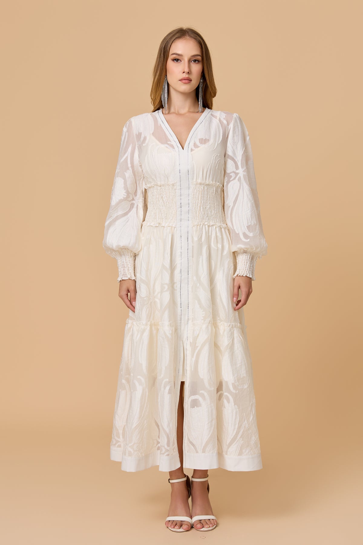 White  Long Puff Sleeve Embossed Midi Dress