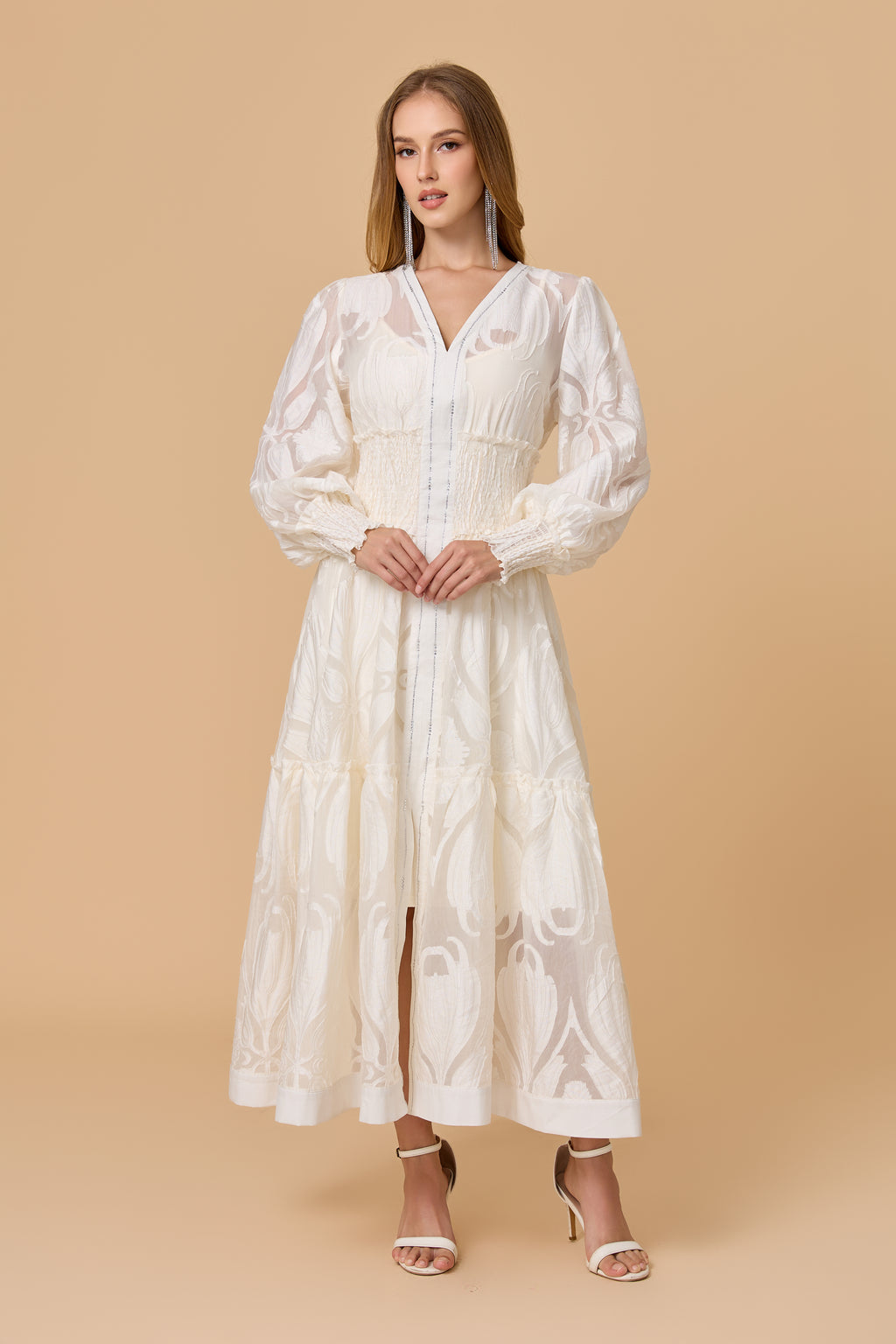 White  Long Puff Sleeve Embossed Midi Dress