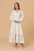 White  Long Puff Sleeve Embossed Midi Dress
