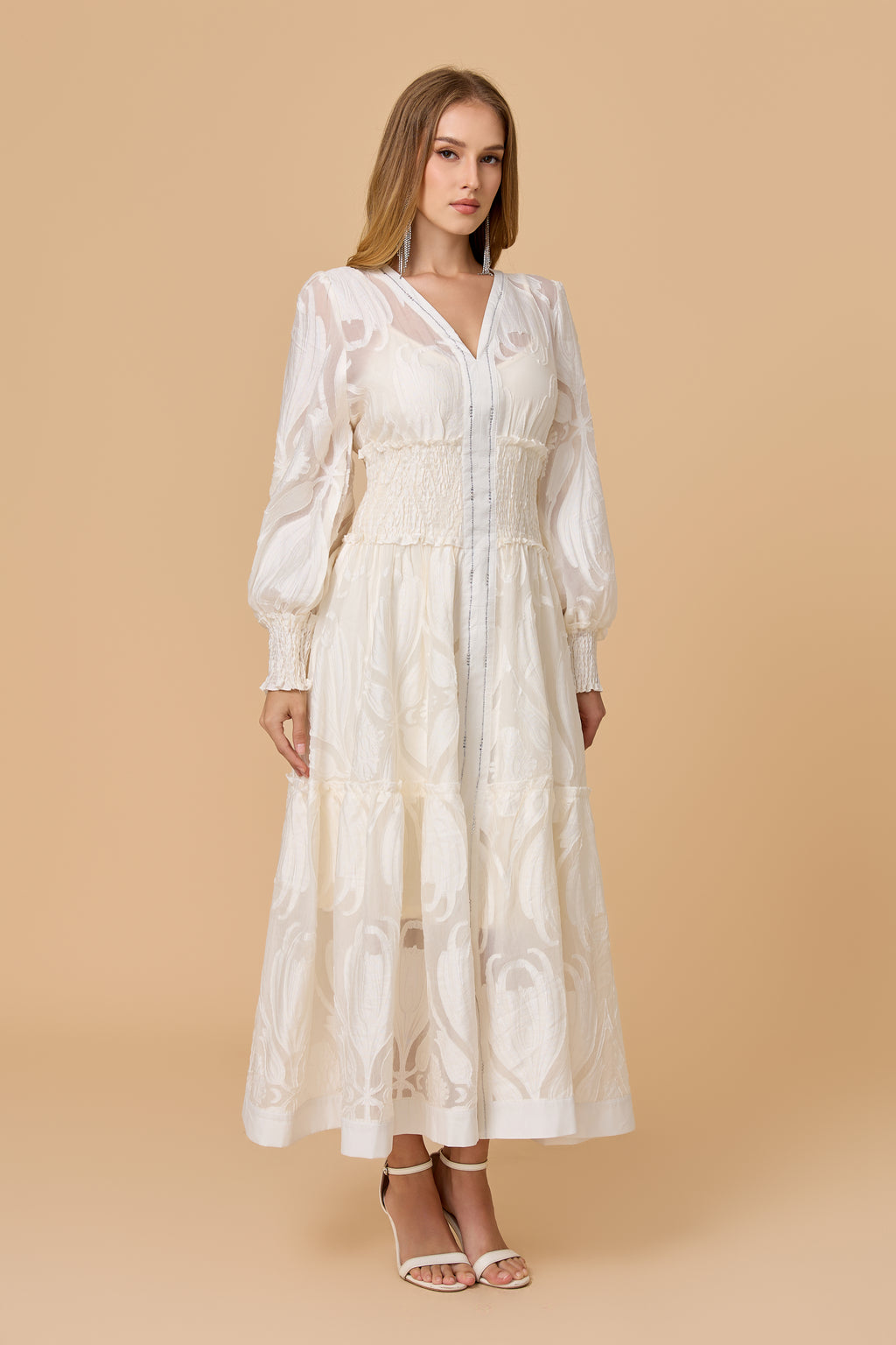 White  Long Puff Sleeve Embossed Midi Dress
