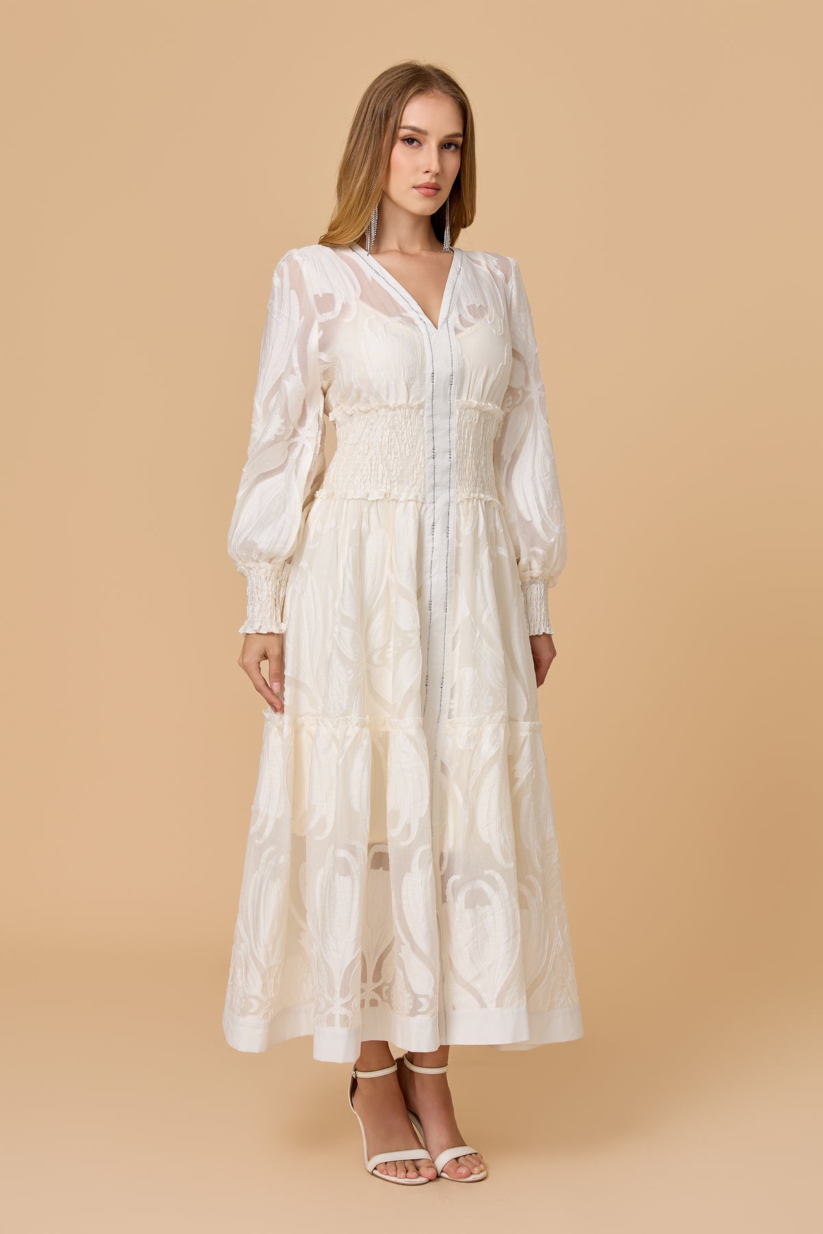 White  Long Puff Sleeve Embossed Midi Dress