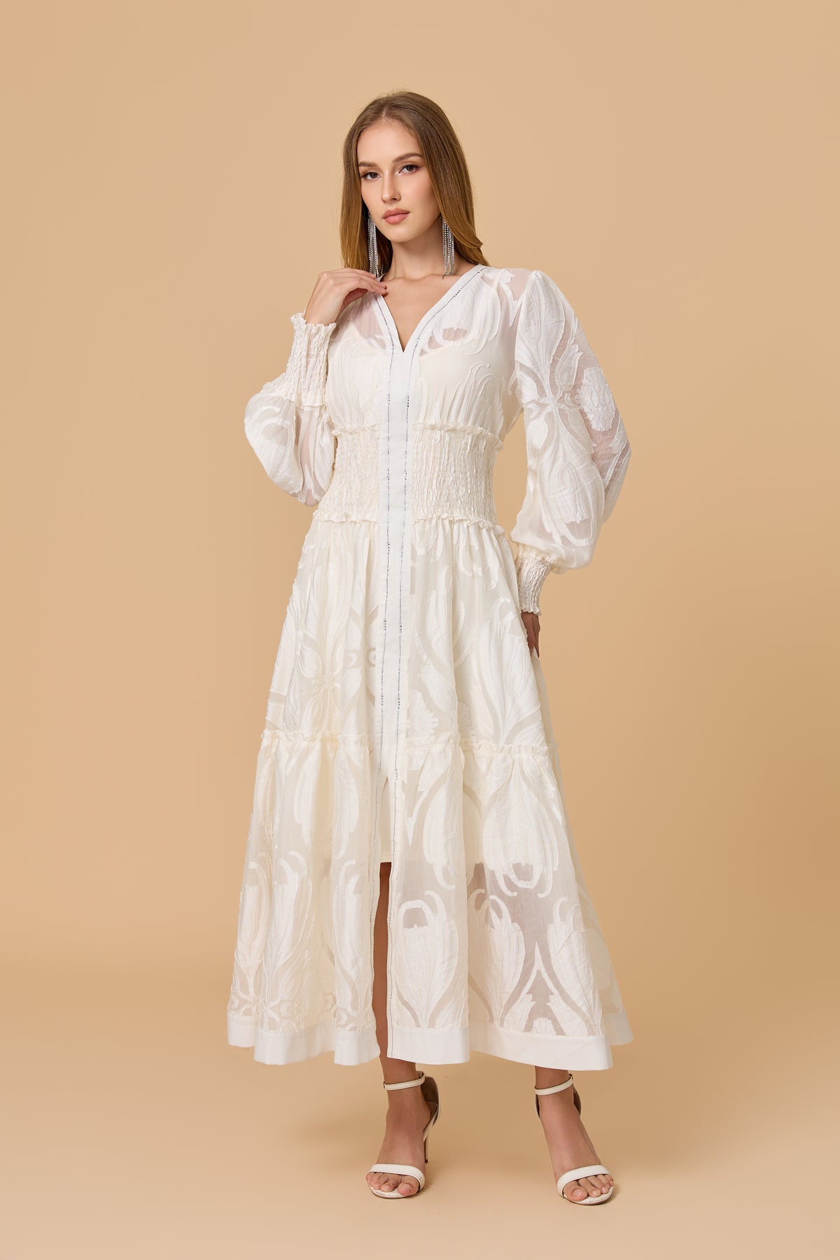 White  Long Puff Sleeve Embossed Midi Dress