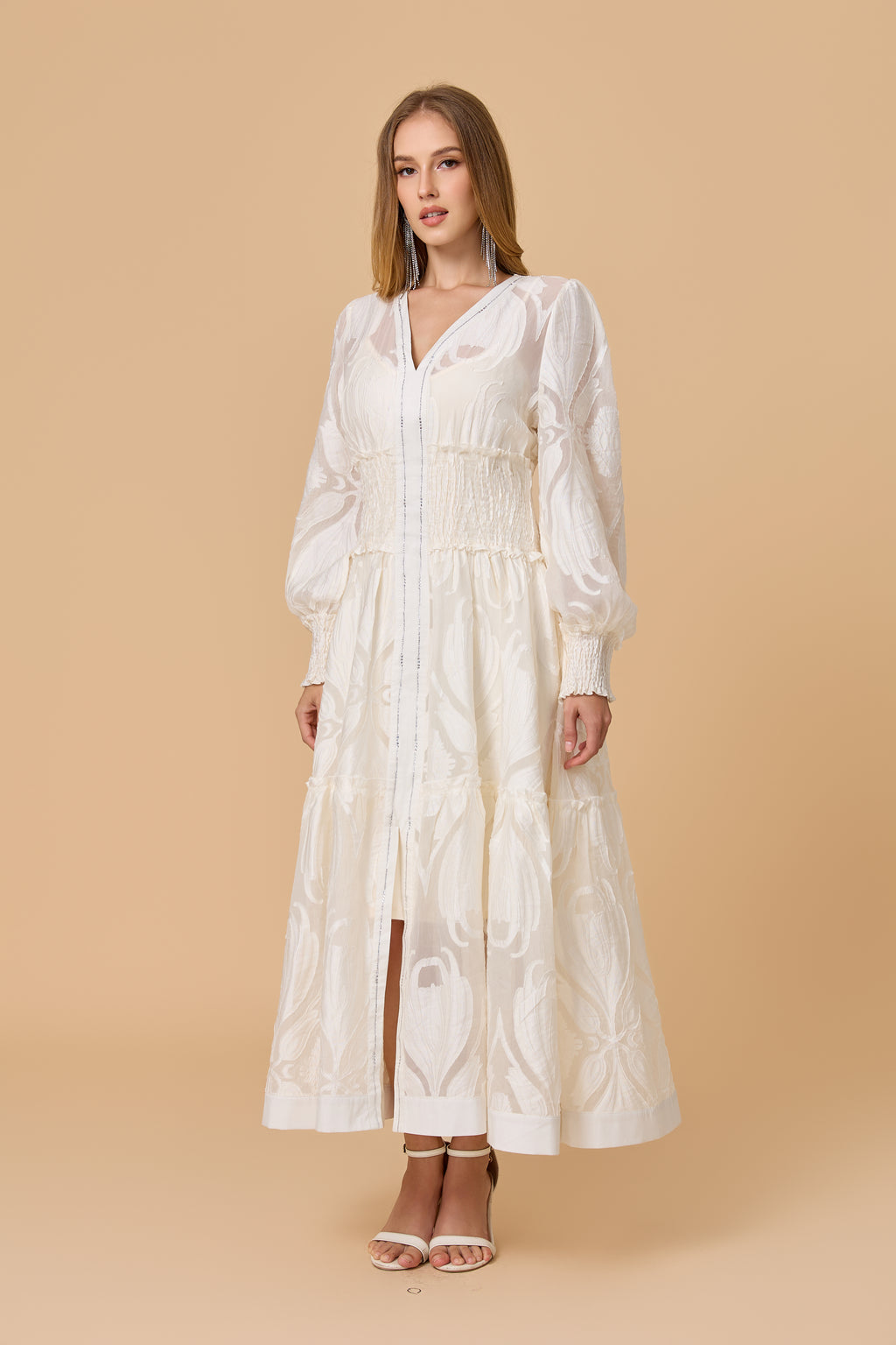 White  Long Puff Sleeve Embossed Midi Dress