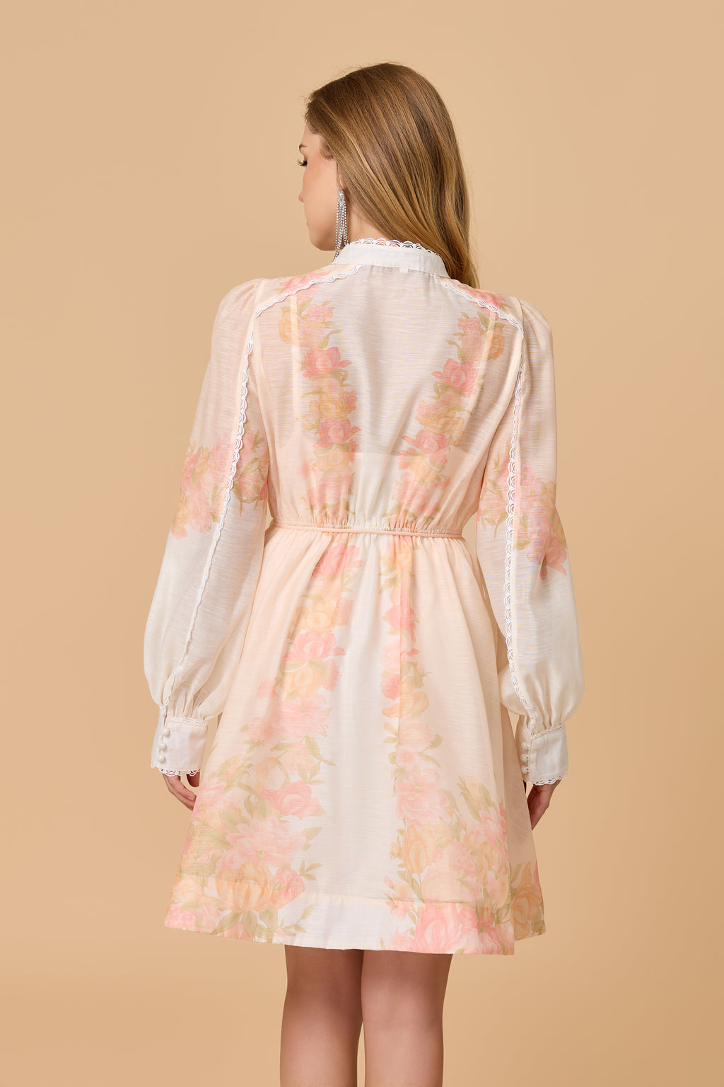 Romantic Pastel Floral Stand Collar Elastic Waist Mini Dress