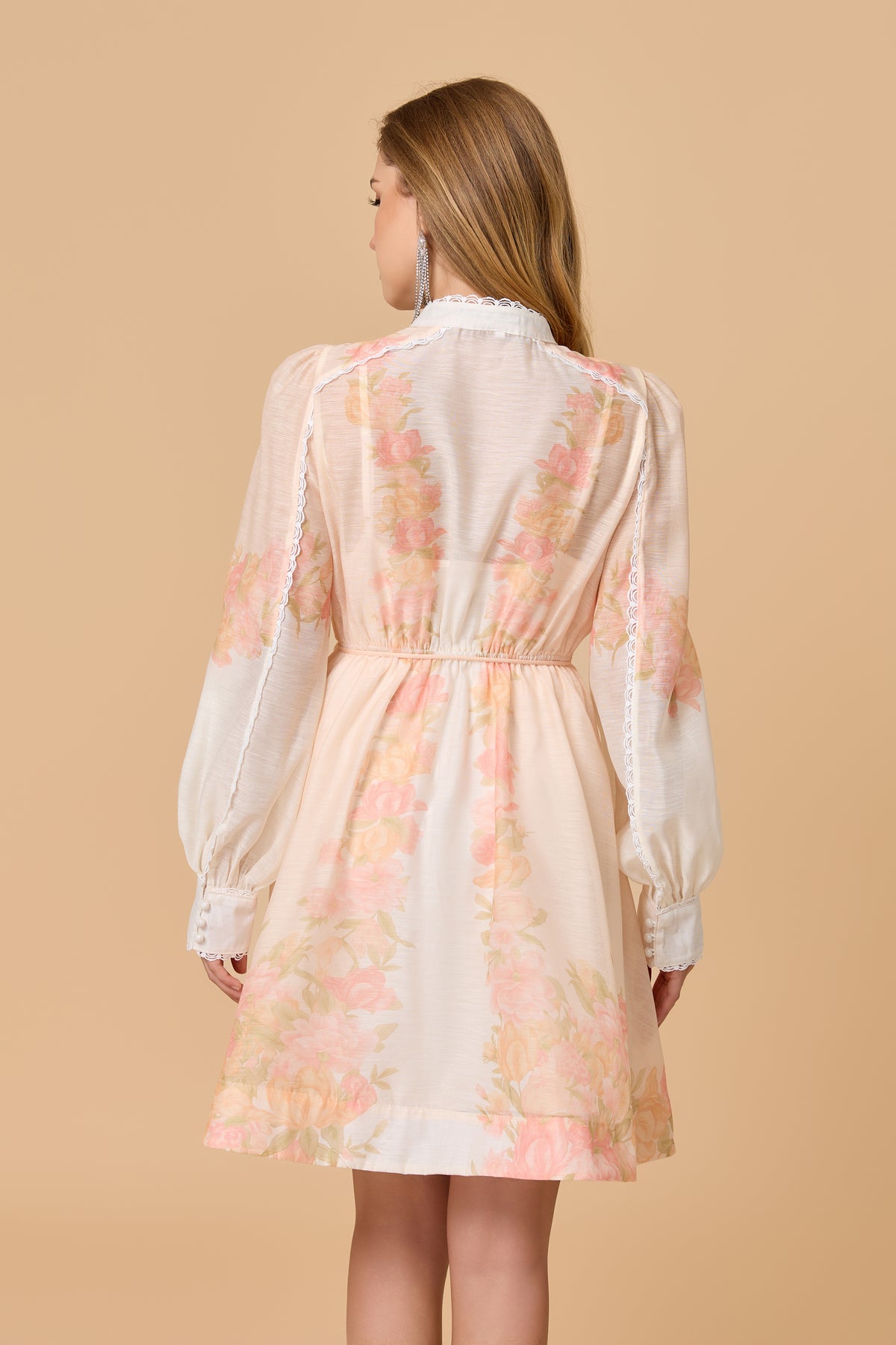 Romantic Pastel Floral Stand Collar Elastic Waist Mini Dress