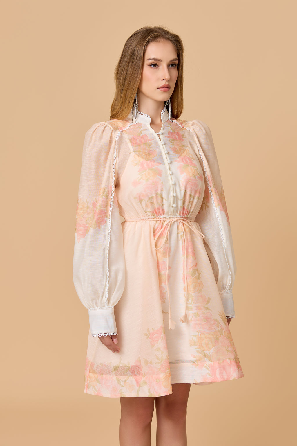 Romantic Pastel Floral Stand Collar Elastic Waist Mini Dress