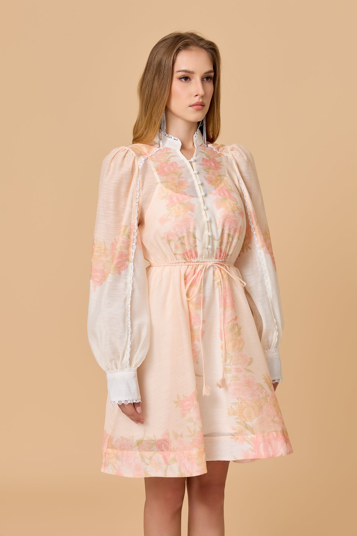 Romantic Pastel Floral Stand Collar Elastic Waist Mini Dress