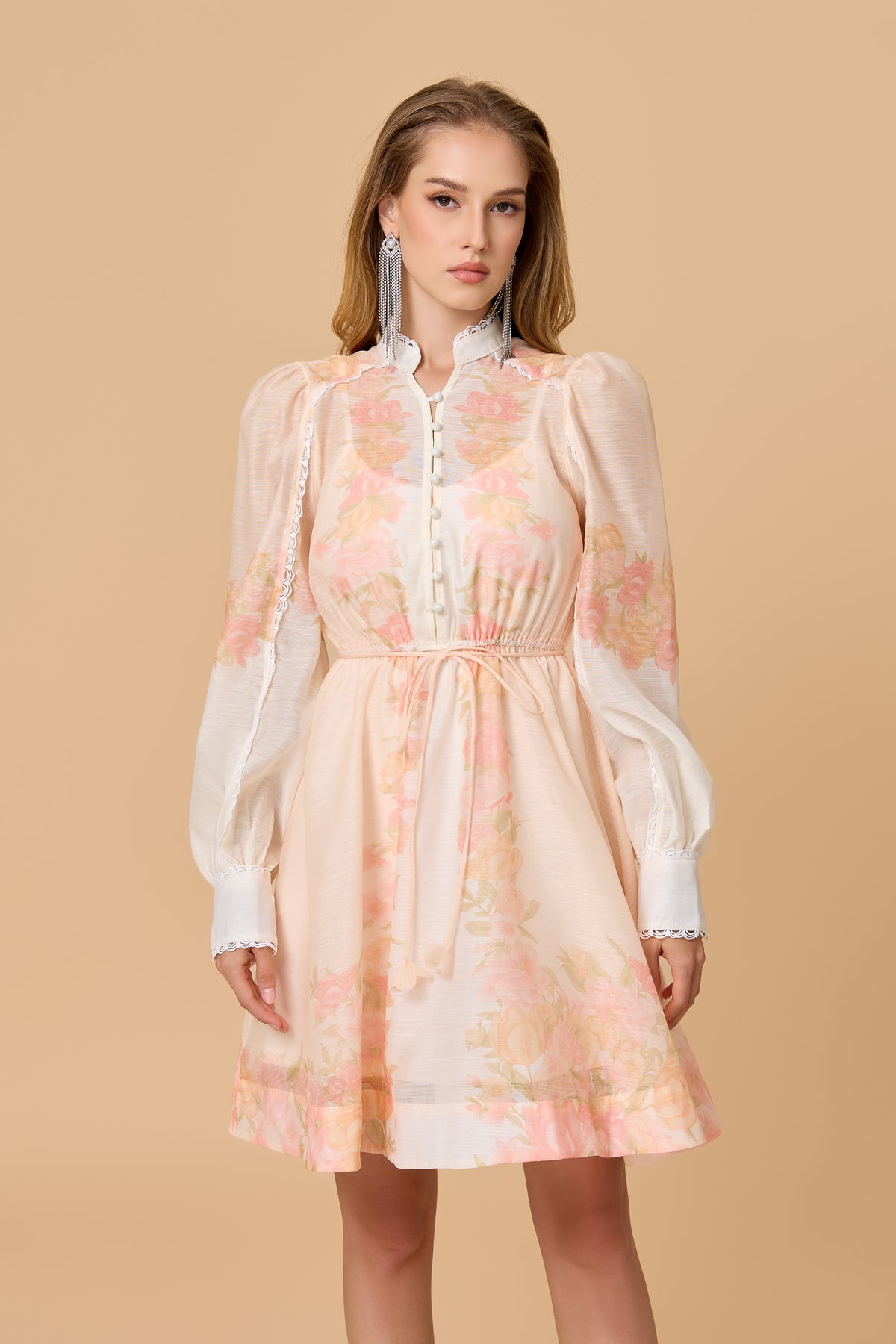 Romantic Pastel Floral Stand Collar Elastic Waist Mini Dress