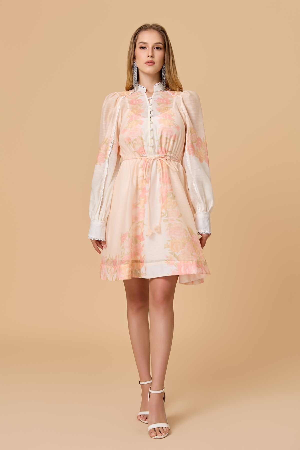 Romantic Pastel Floral Stand Collar Elastic Waist Mini Dress