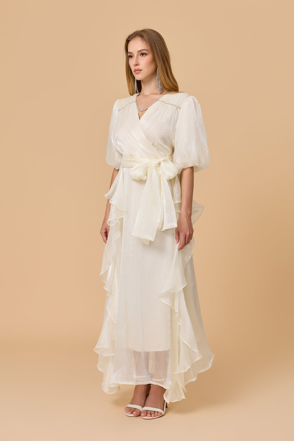 Off White Wrap Maxi Dress With Ruffle Hem