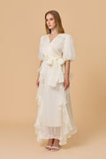Off White Wrap Maxi Dress With Ruffle Hem