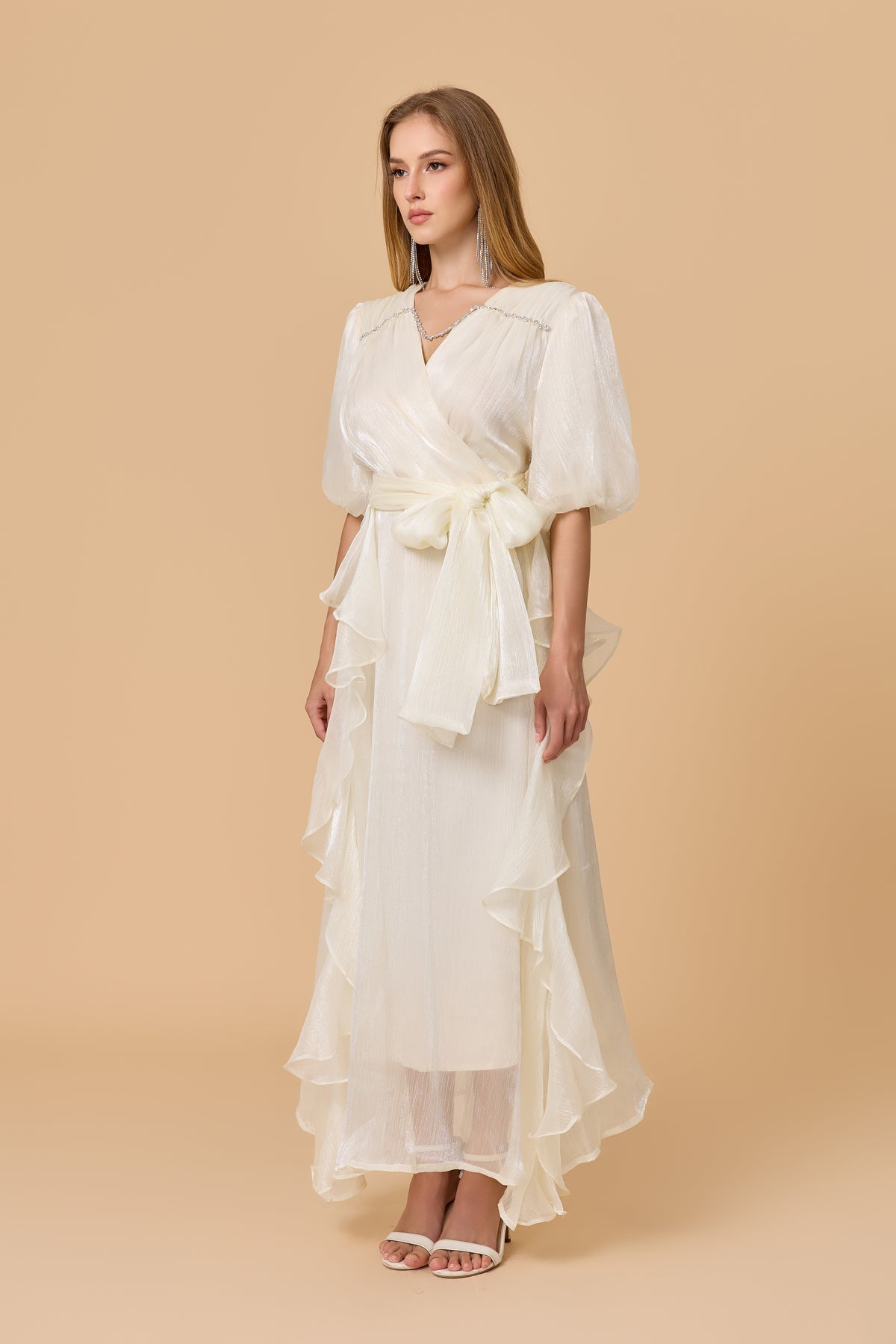 Off White Wrap Maxi Dress With Ruffle Hem
