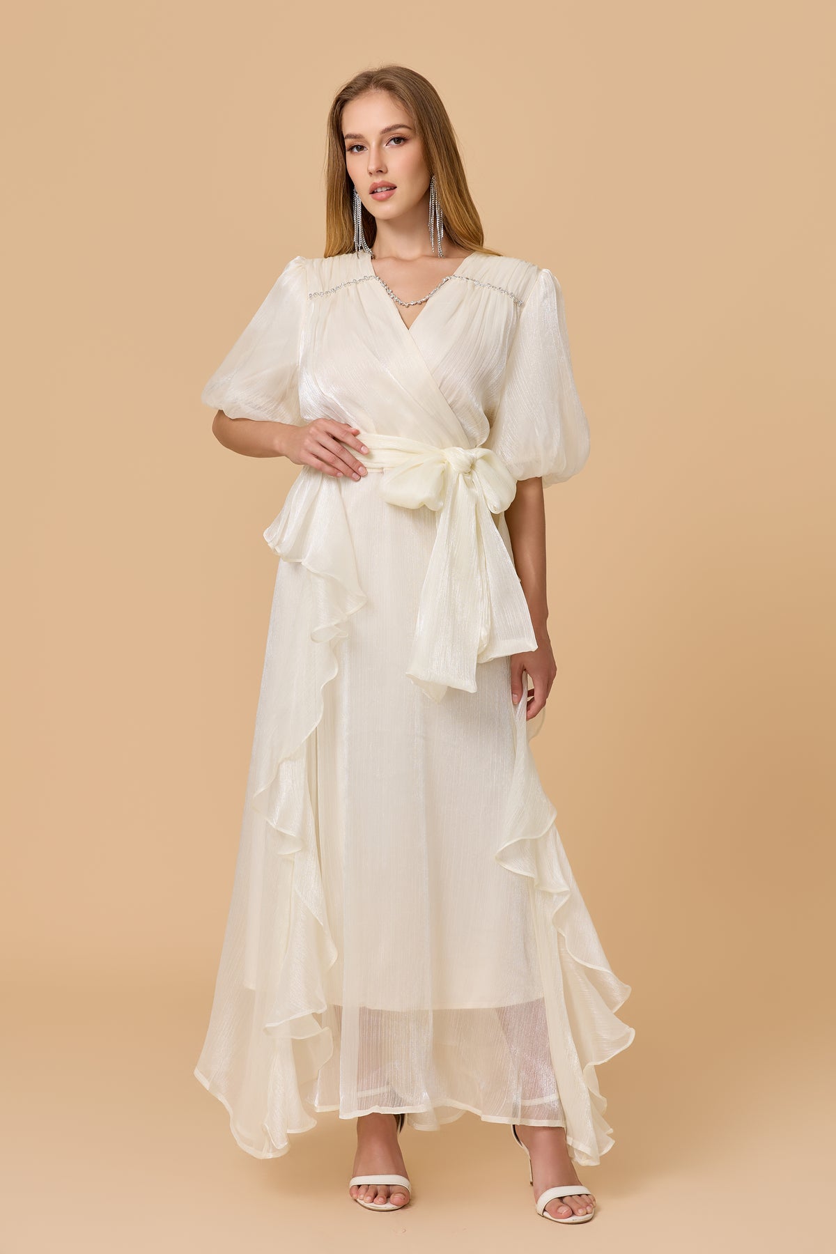 Off White Wrap Maxi Dress With Ruffle Hem