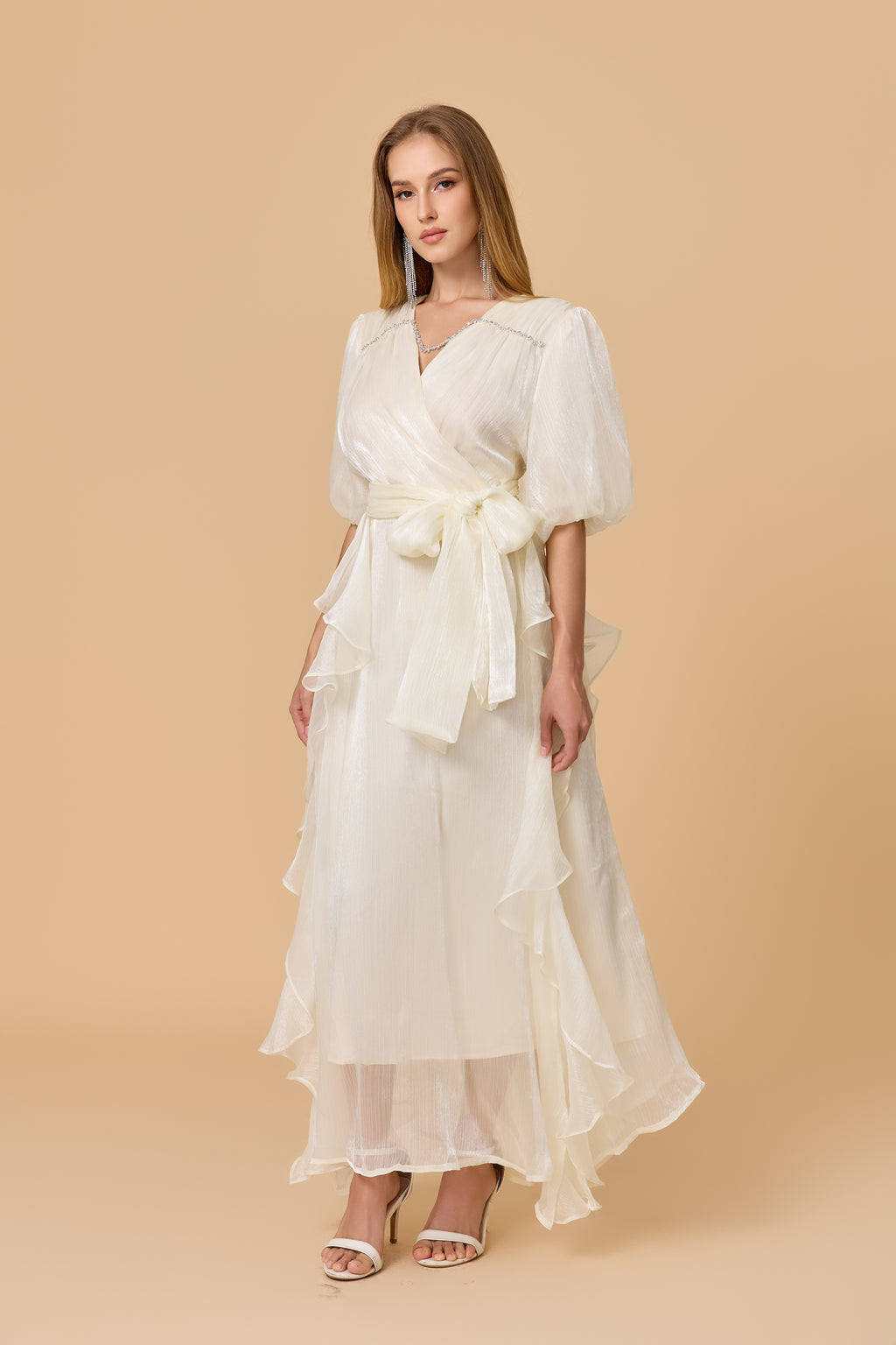 Off White Wrap Maxi Dress With Ruffle Hem