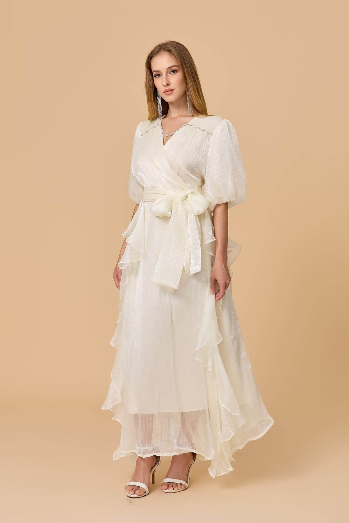 Off White Wrap Maxi Dress With Ruffle Hem