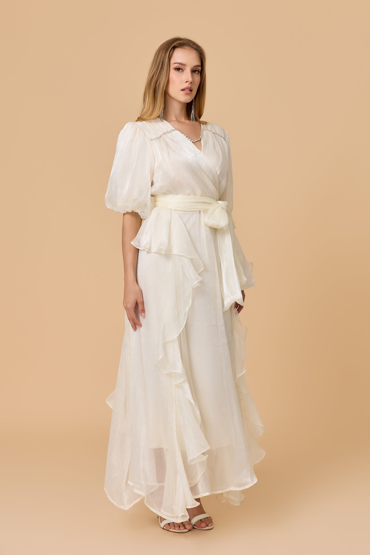 Off White Wrap Maxi Dress With Ruffle Hem