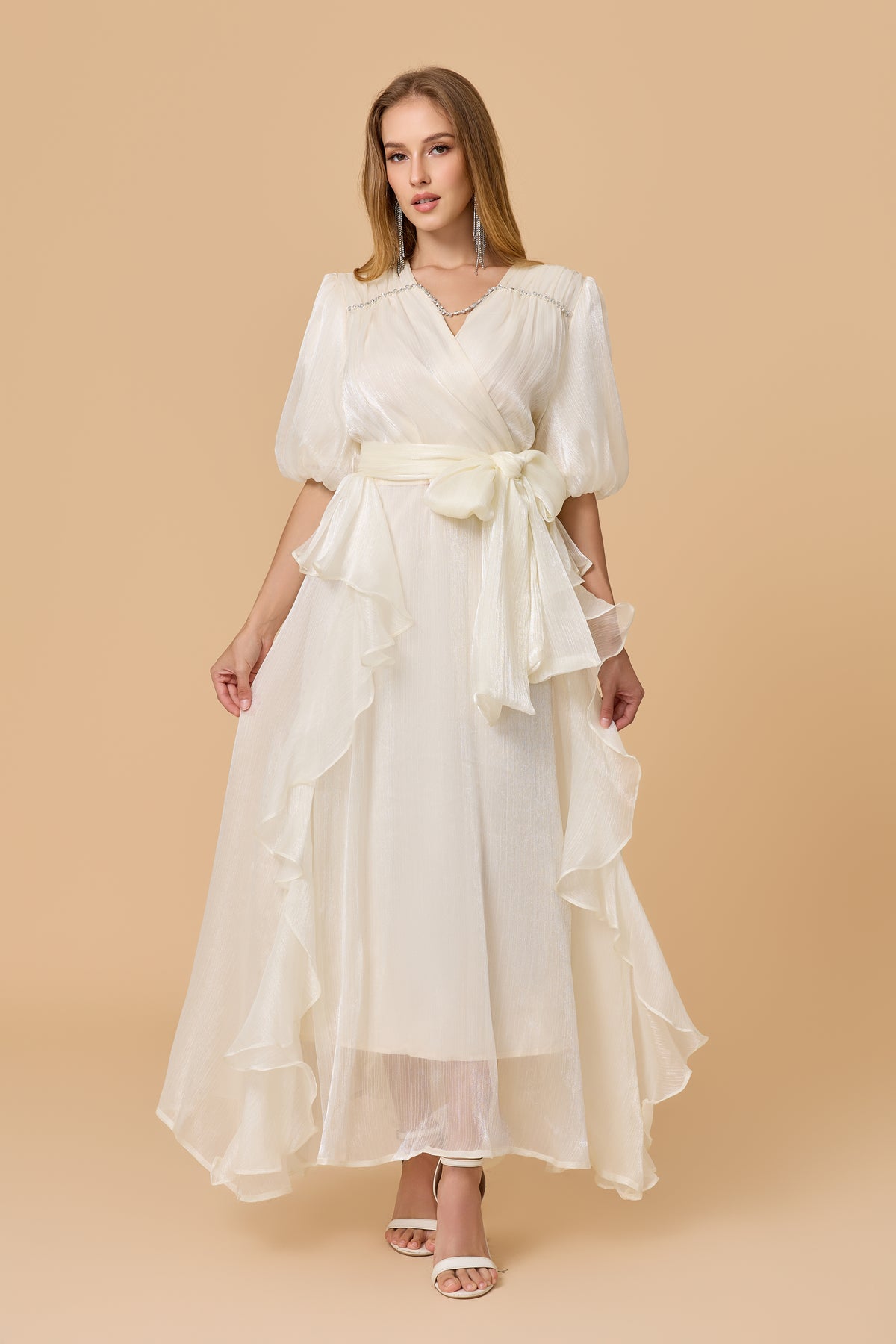Off White Wrap Maxi Dress With Ruffle Hem