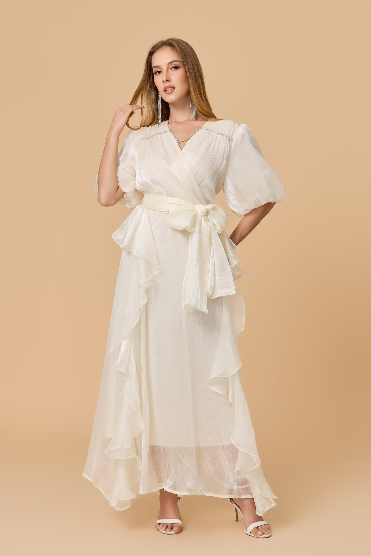 Off White Wrap Maxi Dress With Ruffle Hem