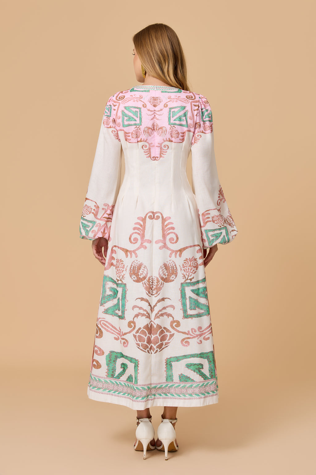 White Pink Green Tribal Print Long Sleeve Midi Dress