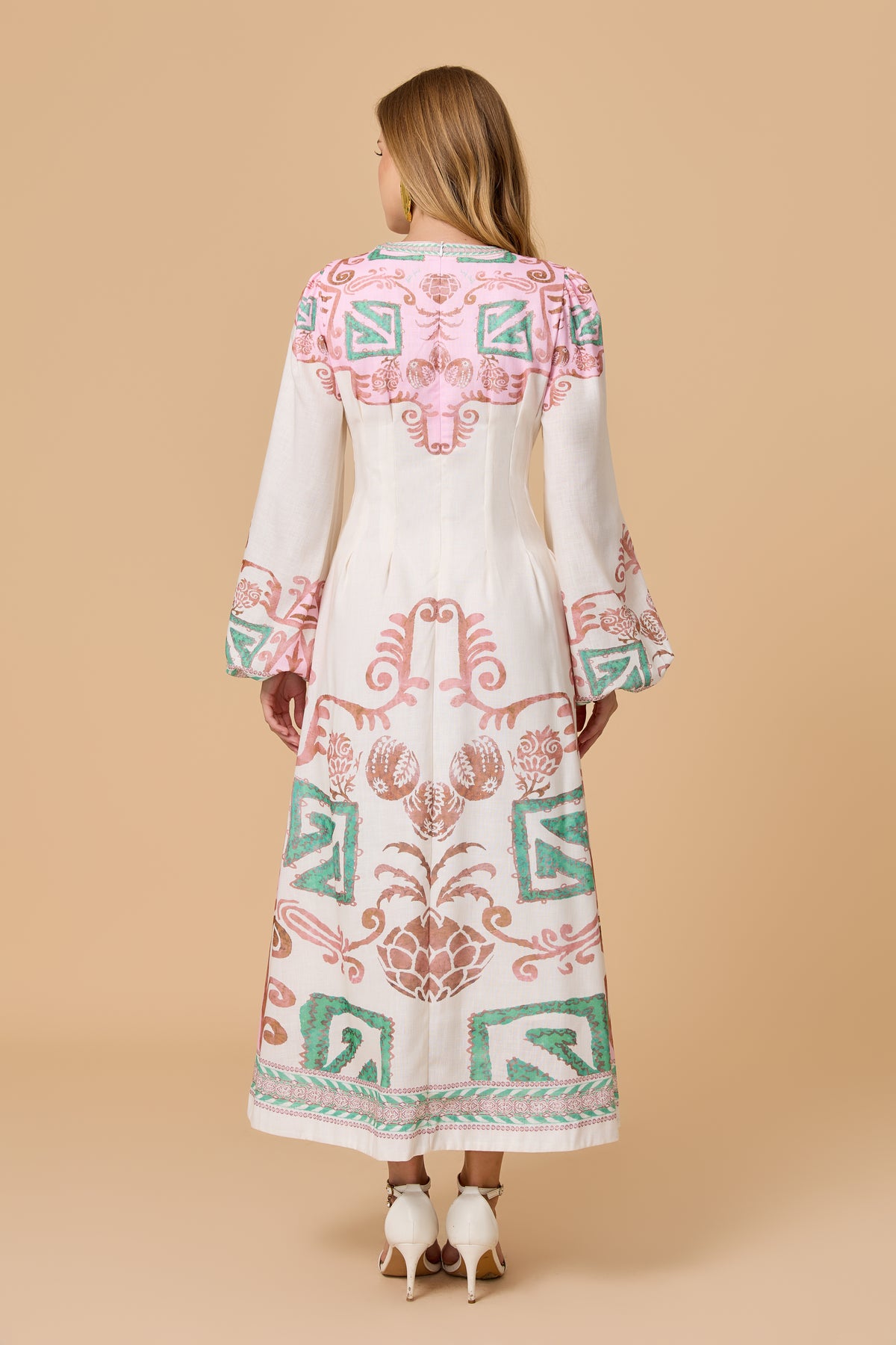 White Pink Green Tribal Print Long Sleeve Midi Dress