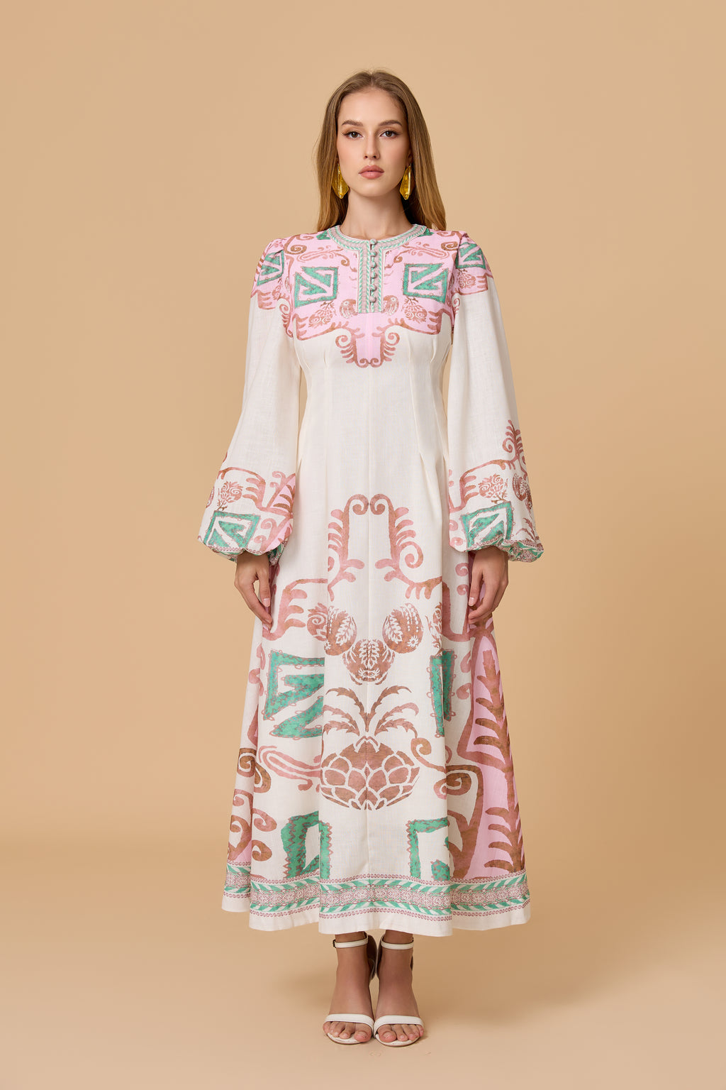 White Pink Green Tribal Print Long Sleeve Midi Dress