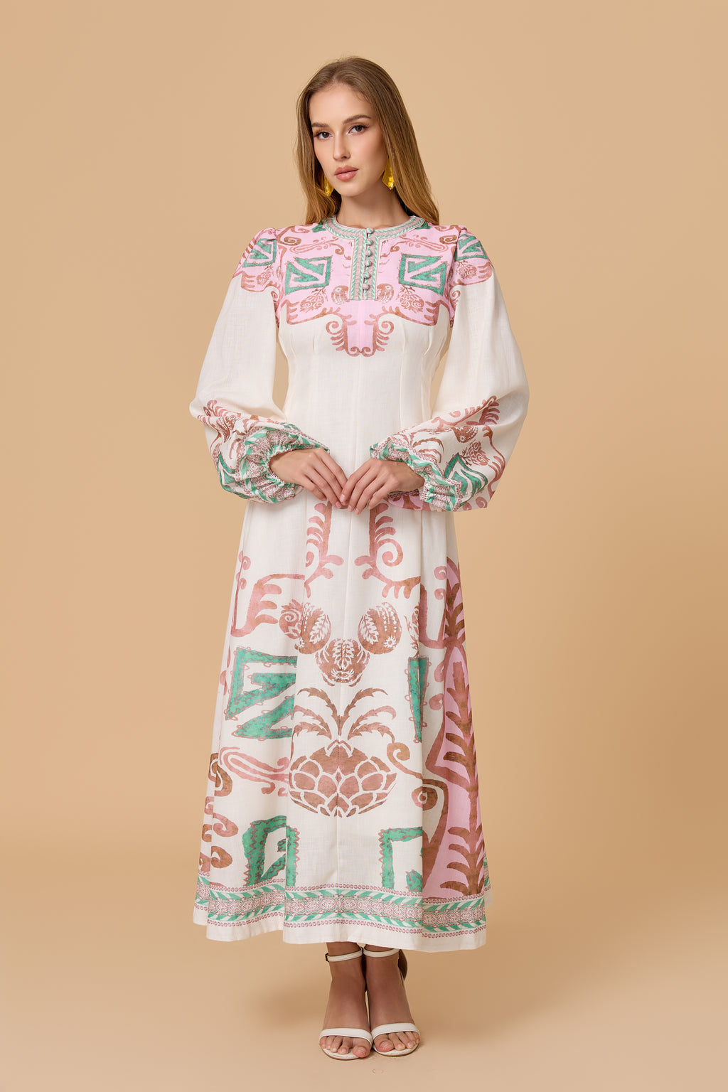 White Pink Green Tribal Print Long Sleeve Midi Dress