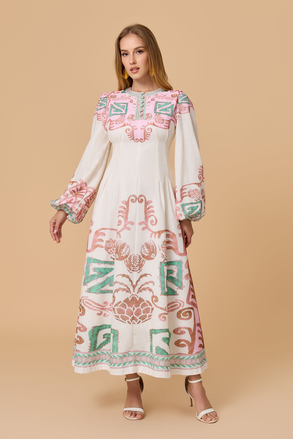 White Pink Green Tribal Print Long Sleeve Midi Dress