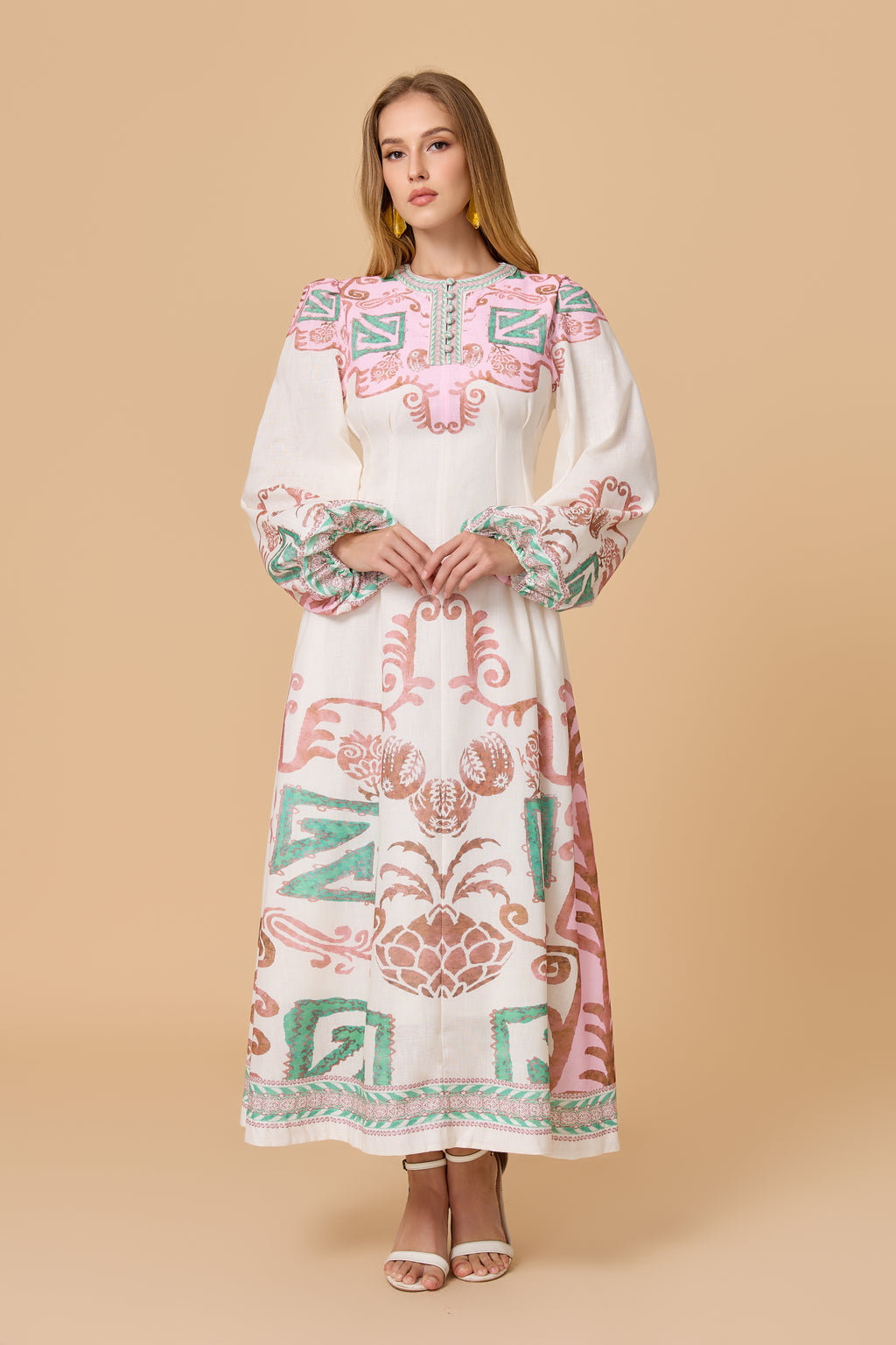 White Pink Green Tribal Print Long Sleeve Midi Dress