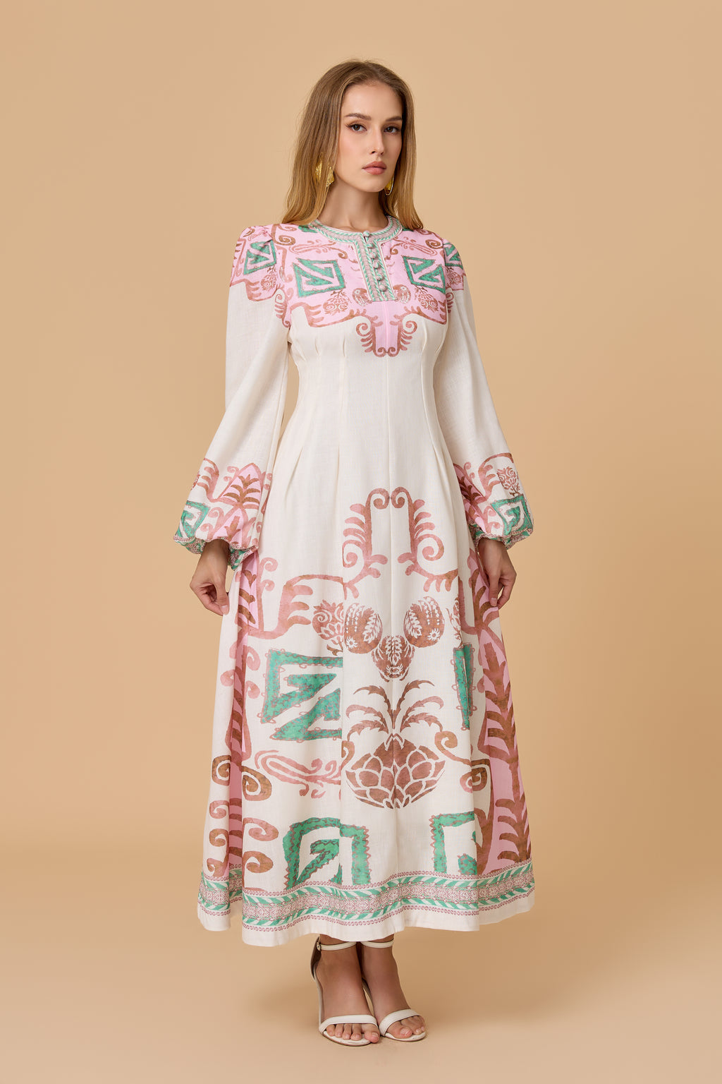 White Pink Green Tribal Print Long Sleeve Midi Dress