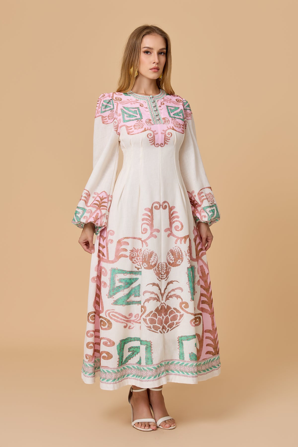 White Pink Green Tribal Print Long Sleeve Midi Dress