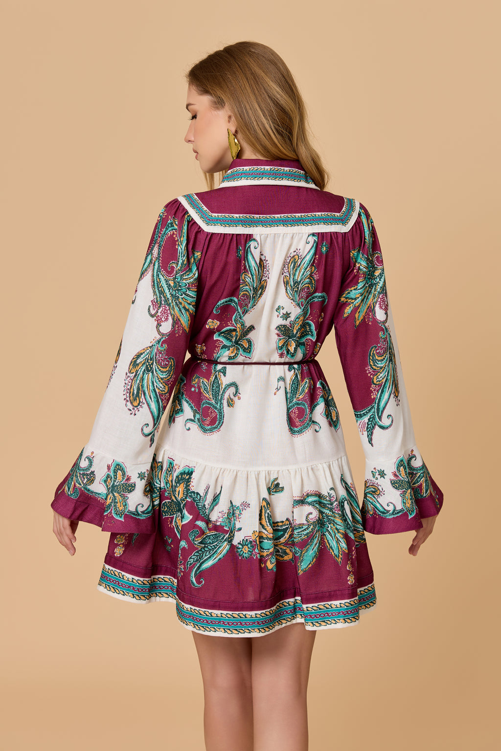 Vintage Paisley Pattern Ruffle Hem Belted Mini Dress