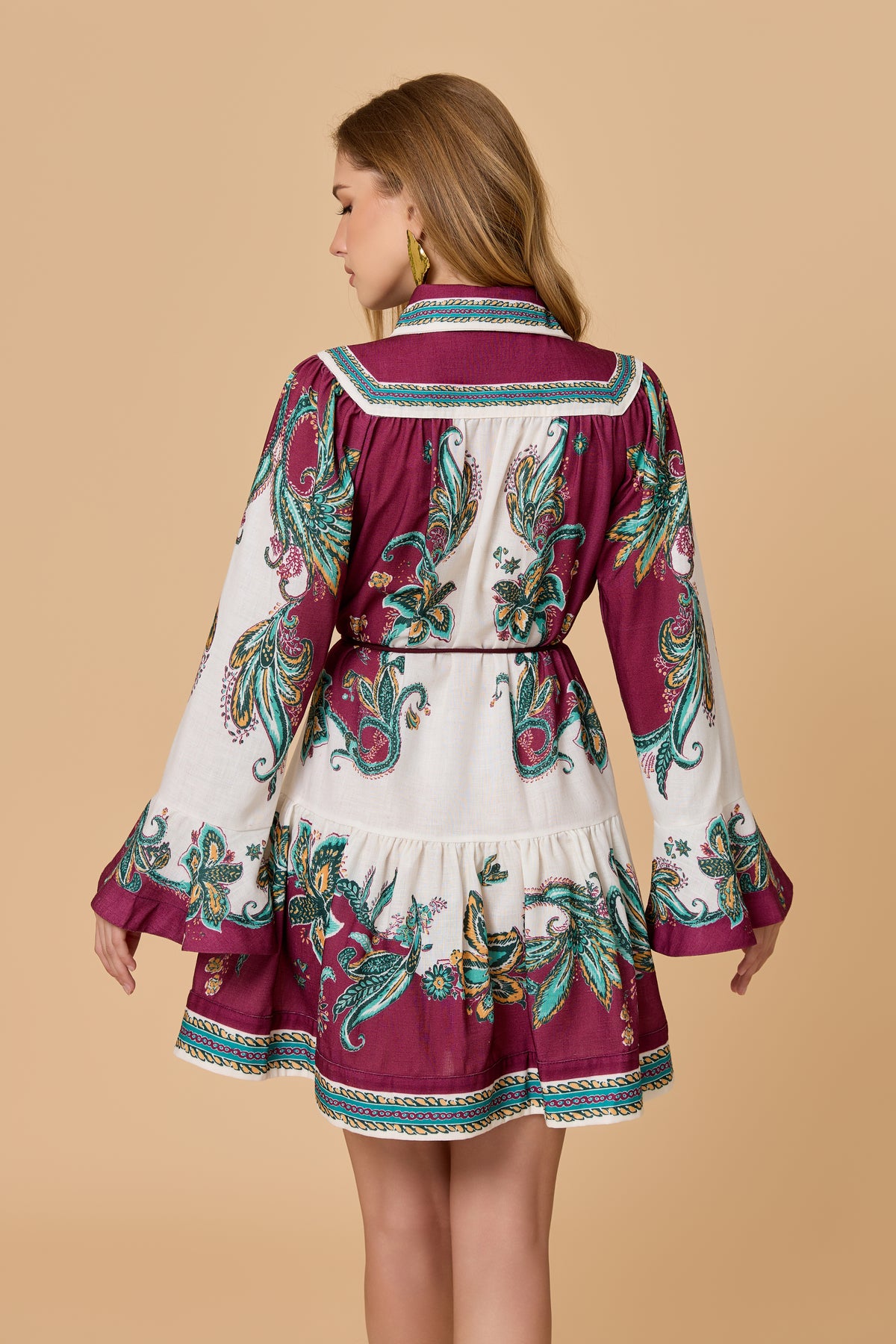 Vintage Paisley Pattern Ruffle Hem Belted Mini Dress