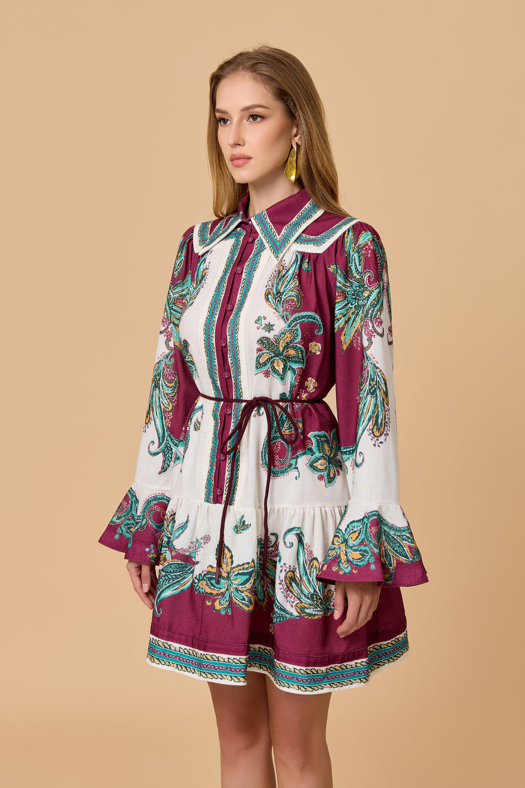 Vintage Paisley Pattern Ruffle Hem Belted Mini Dress