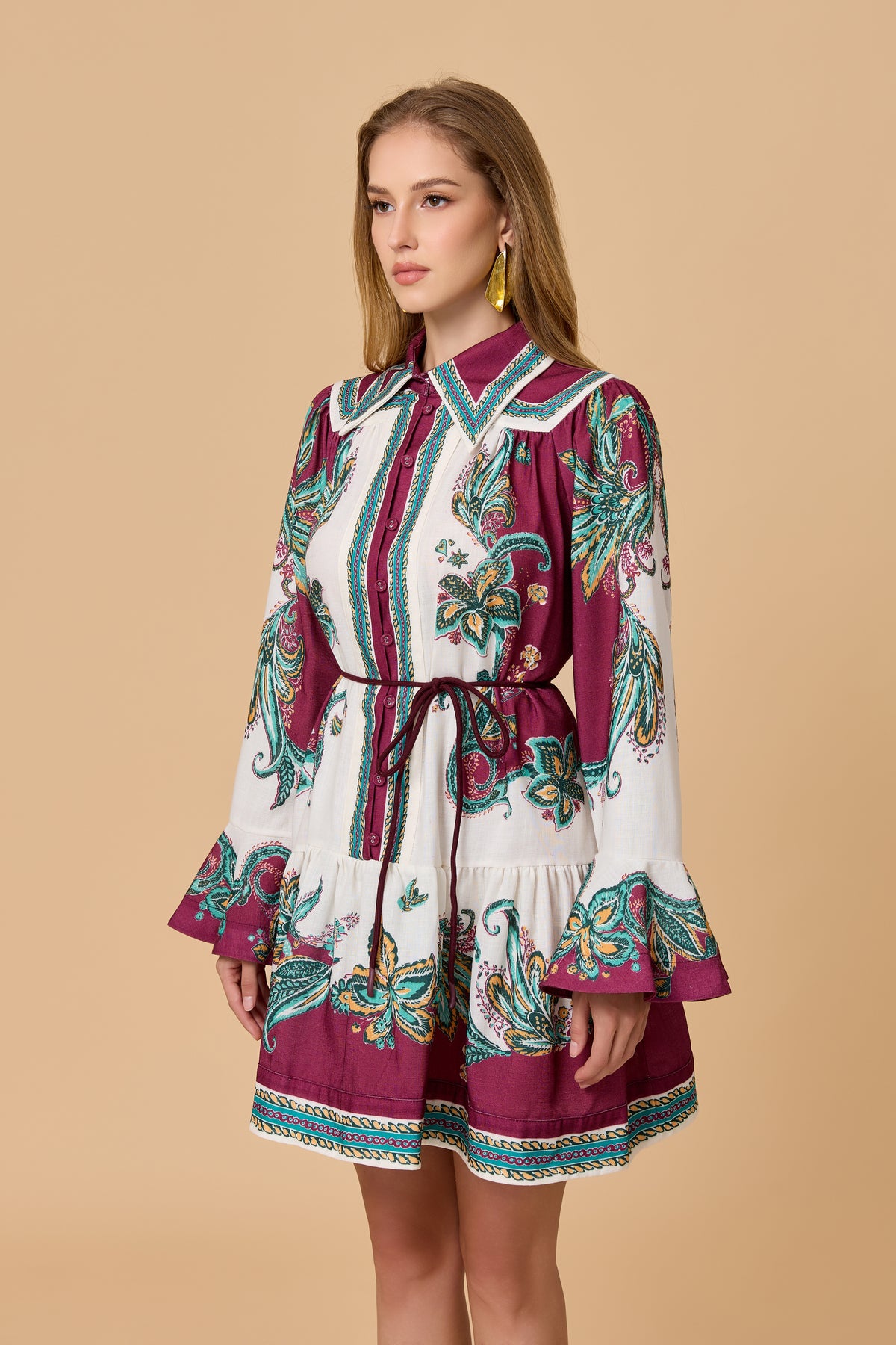 Vintage Paisley Pattern Ruffle Hem Belted Mini Dress