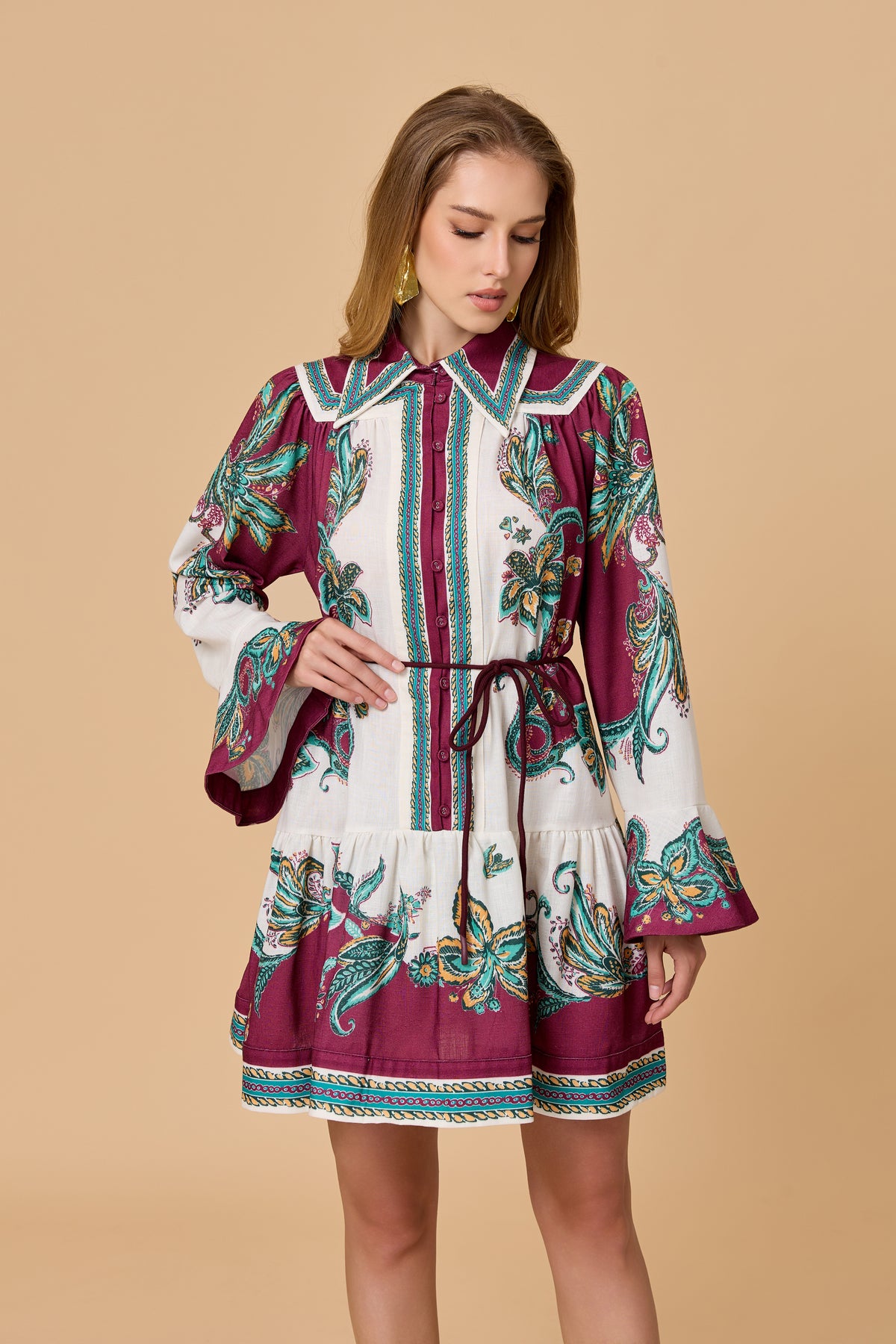 Vintage Paisley Pattern Ruffle Hem Belted Mini Dress