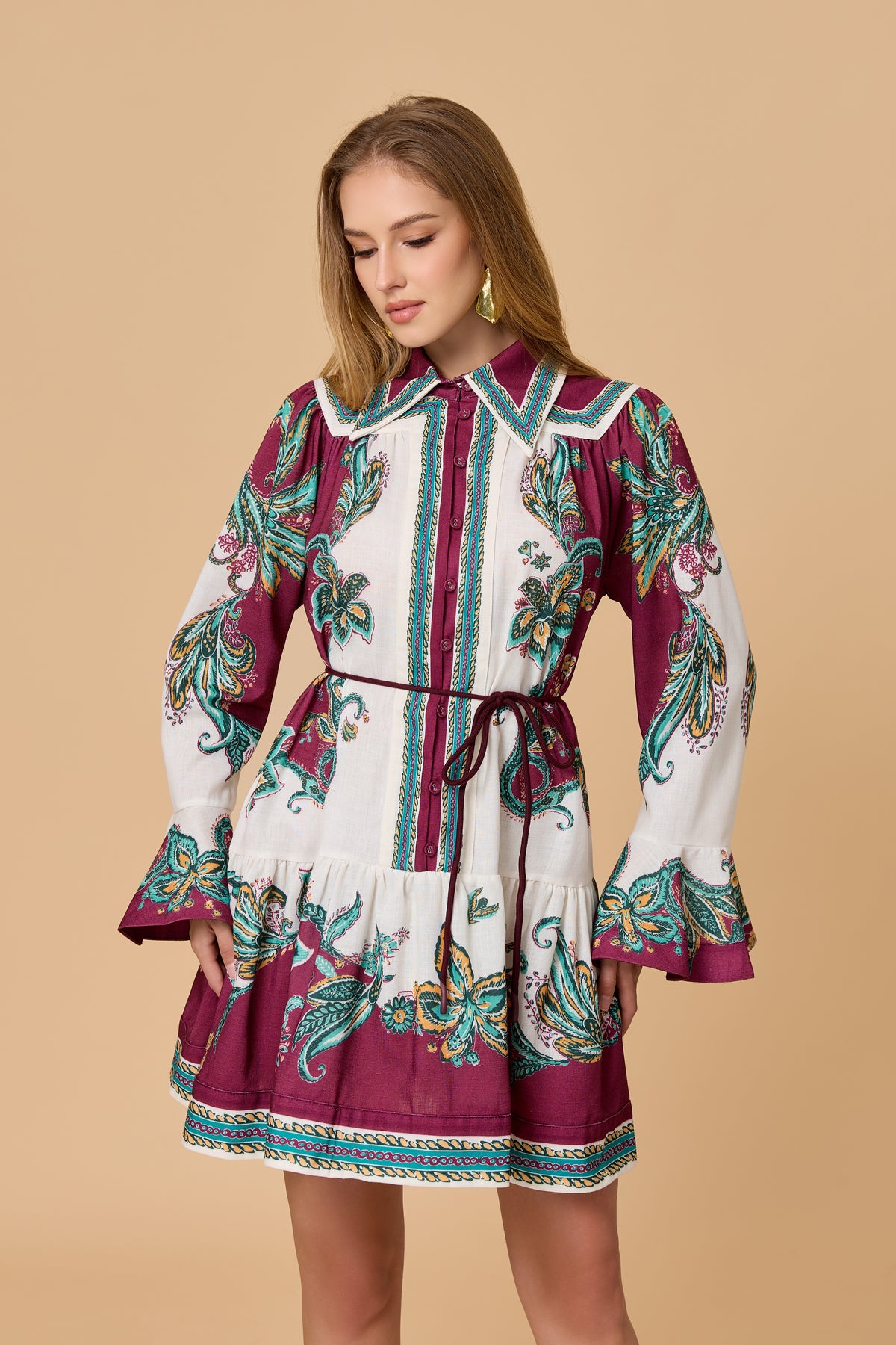 Vintage Paisley Pattern Ruffle Hem Belted Mini Dress