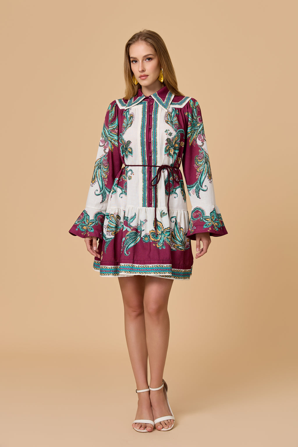 Vintage Paisley Pattern Ruffle Hem Belted Mini Dress