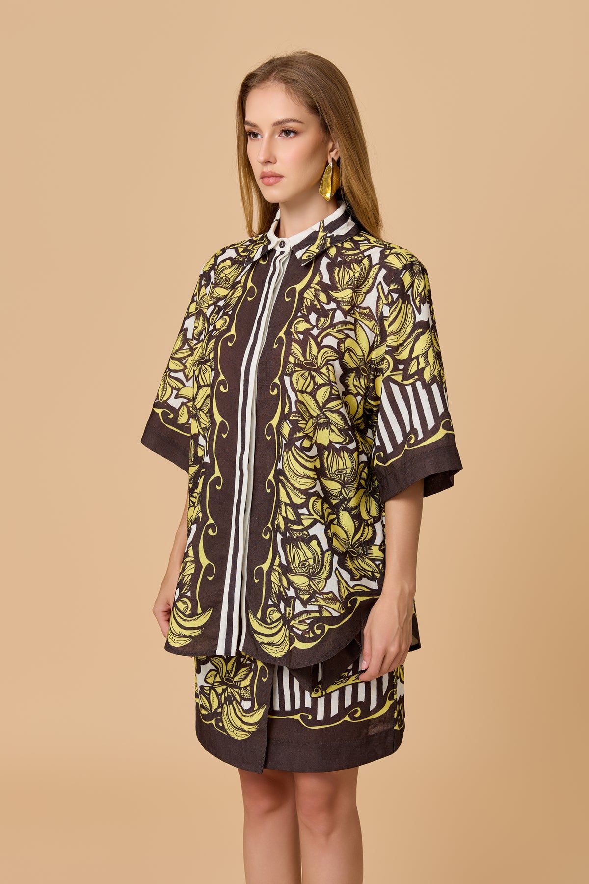 Vintage Tropical Print Oversized Shirt Mini Dress