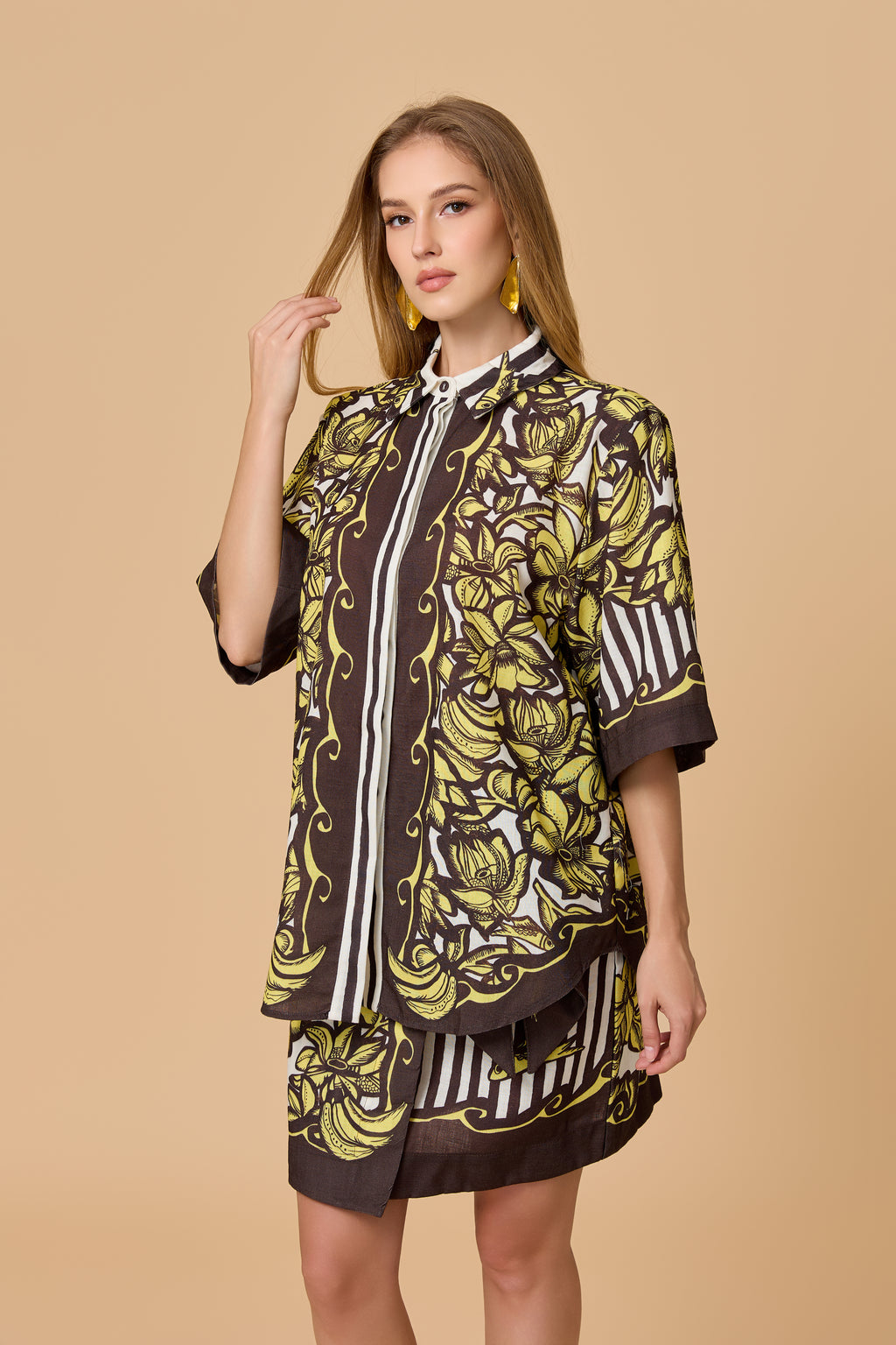 Vintage Tropical Print Oversized Shirt Mini Dress