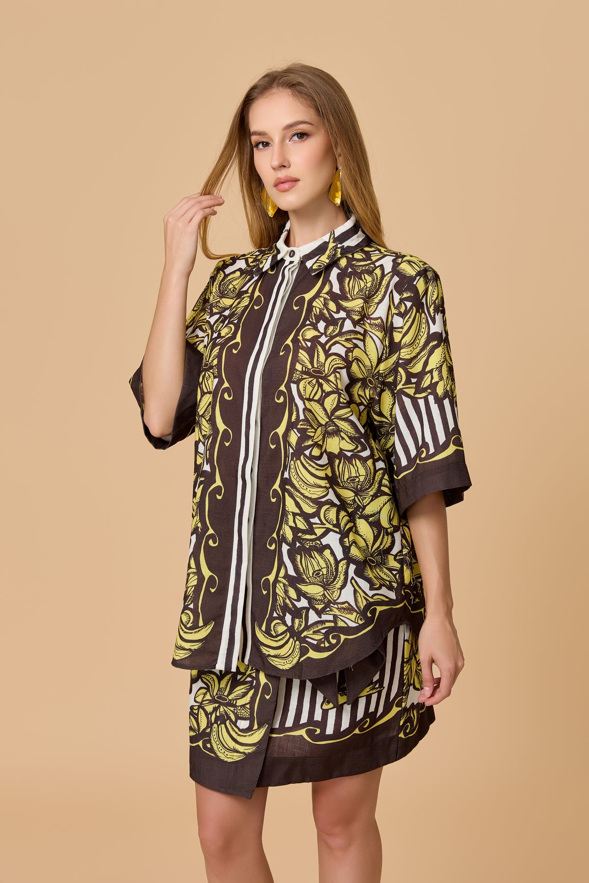 Vintage Tropical Print Oversized Shirt Mini Dress