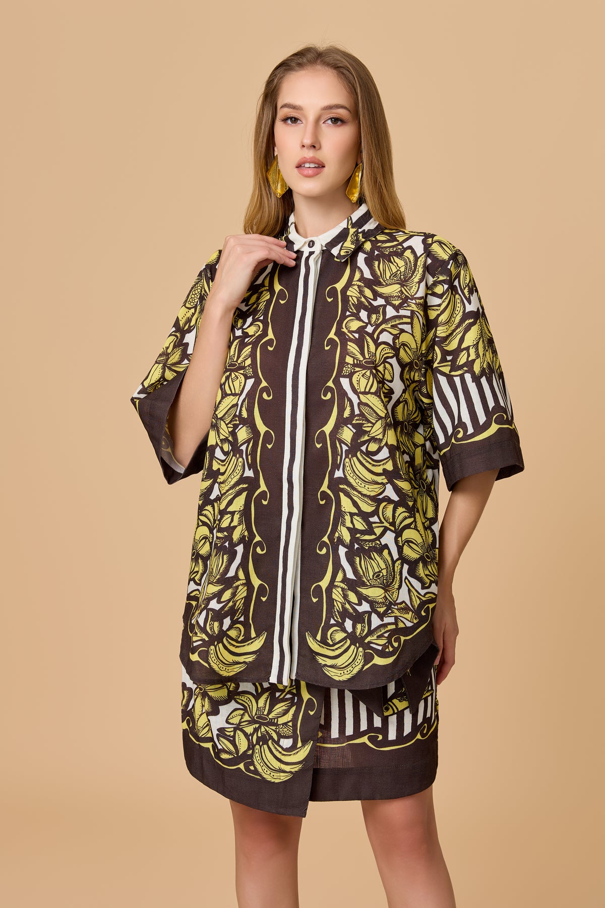 Vintage Tropical Print Oversized Shirt Mini Dress