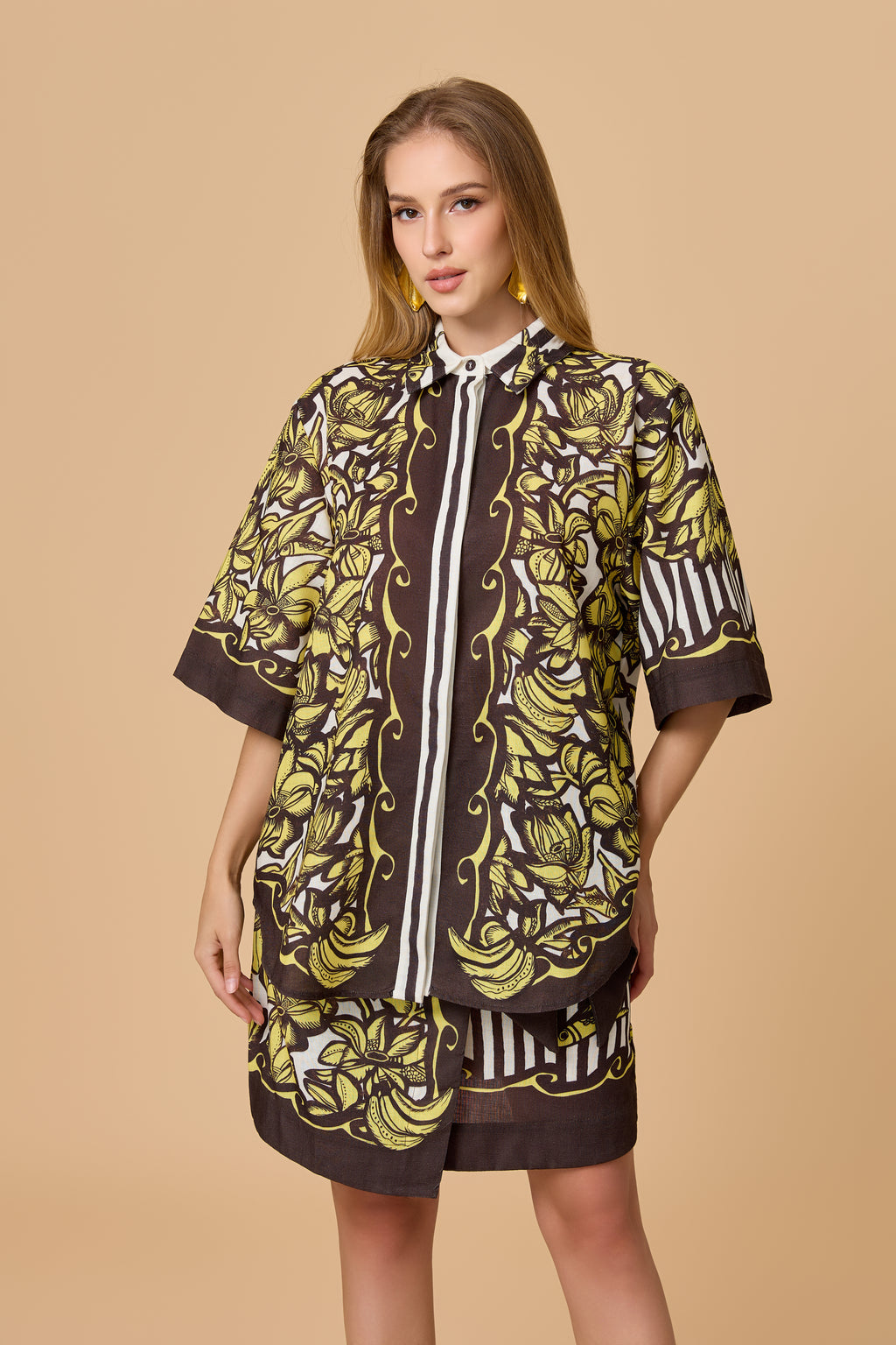 Vintage Tropical Print Oversized Shirt Mini Dress