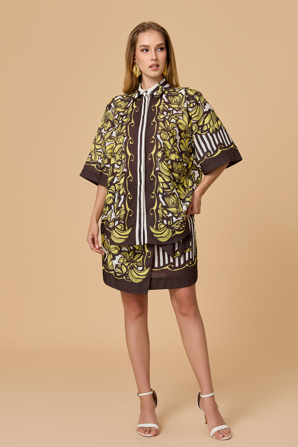 Vintage Tropical Print Oversized Shirt Mini Dress