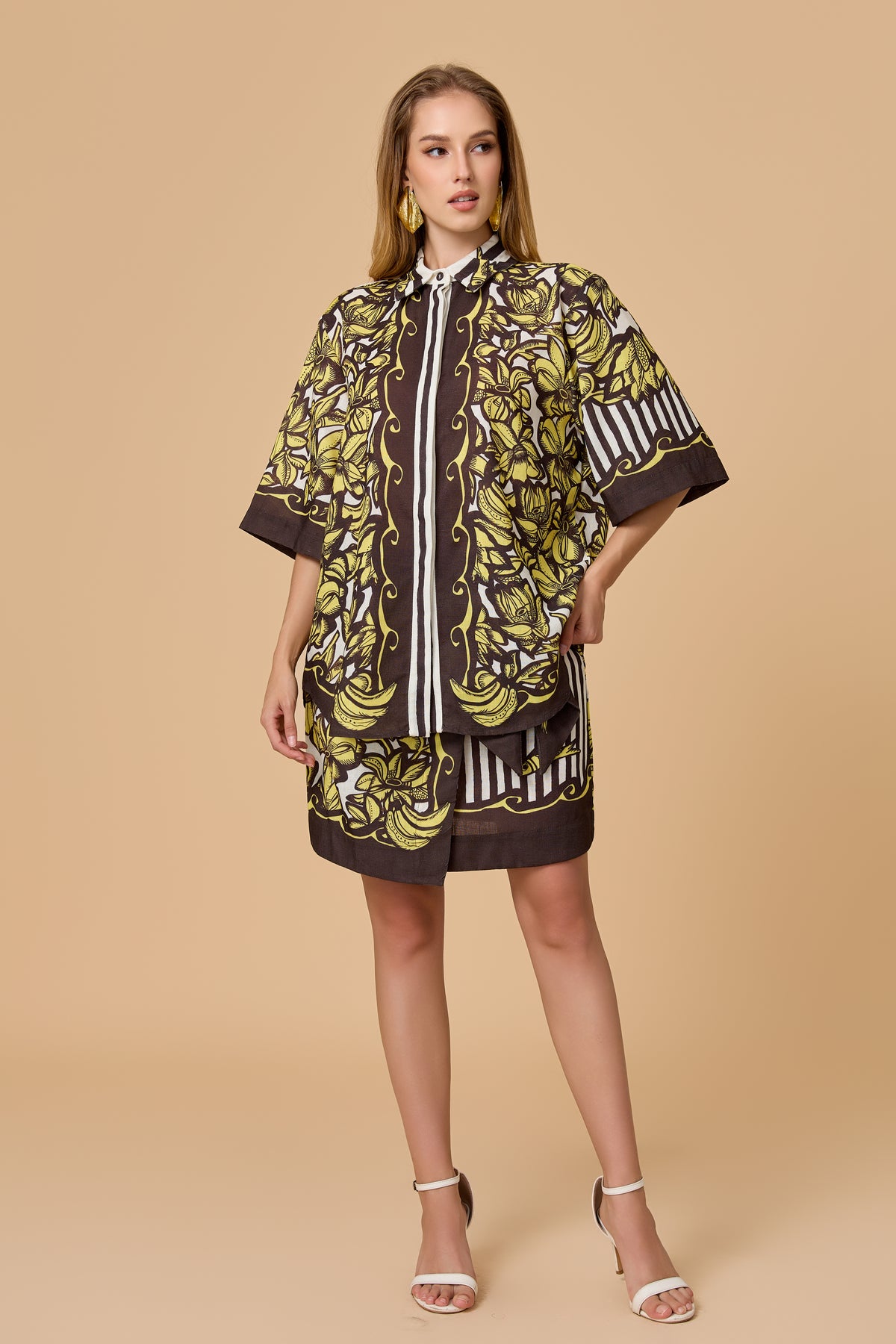 Vintage Tropical Print Oversized Shirt Mini Dress