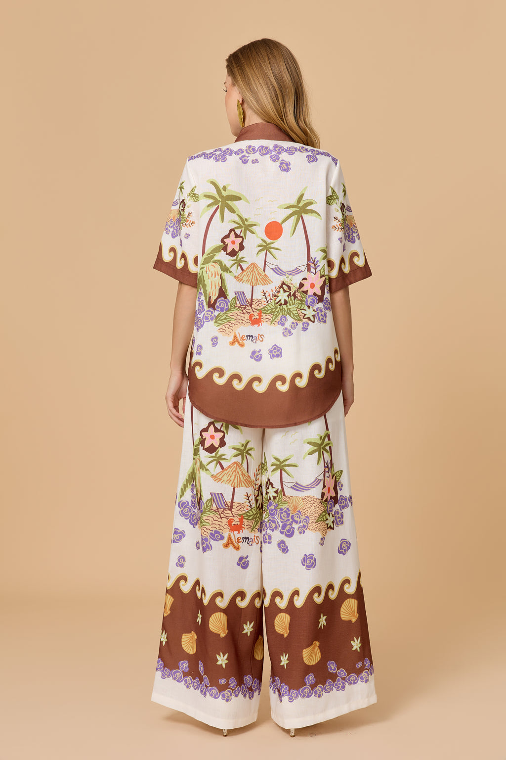 Vacation Beach Coconut Tree Print Shirt Wide Leg Pants Set