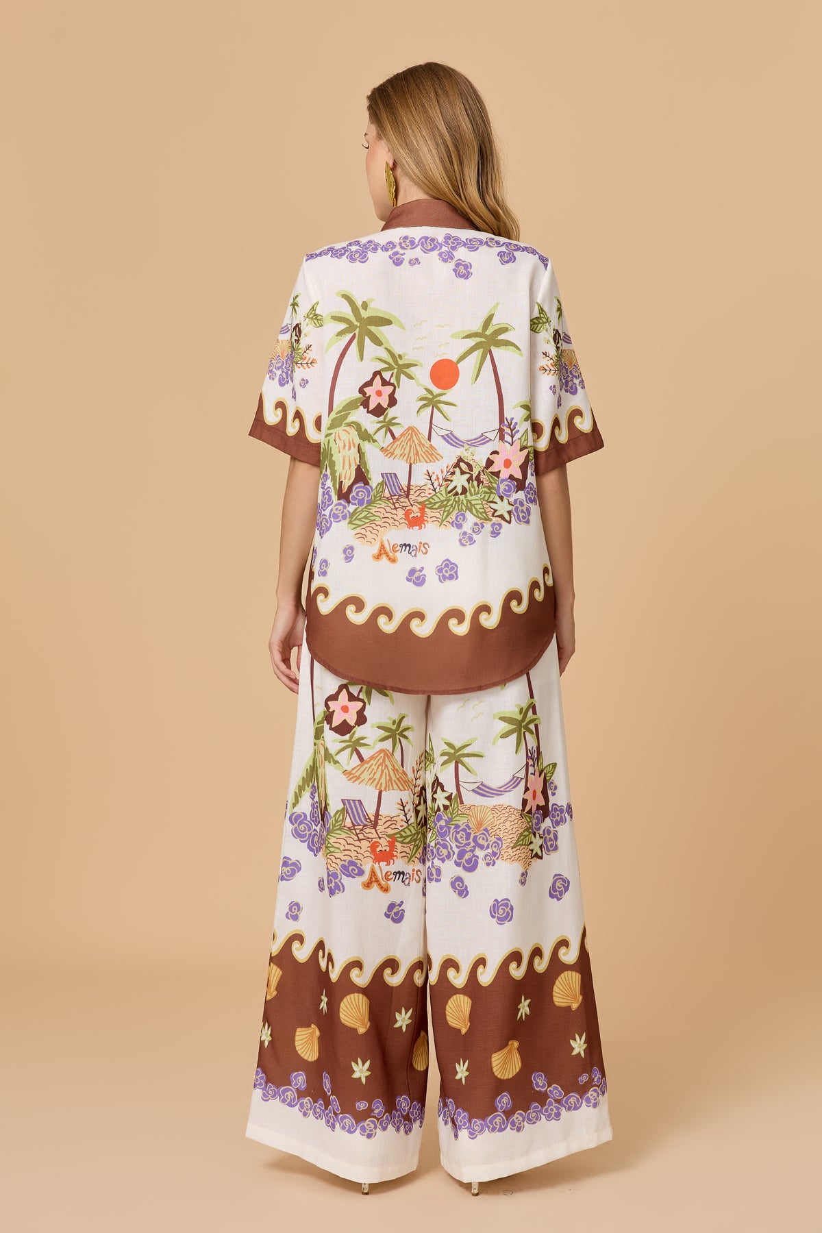 Vacation Beach Coconut Tree Print Shirt Wide Leg Pants Set