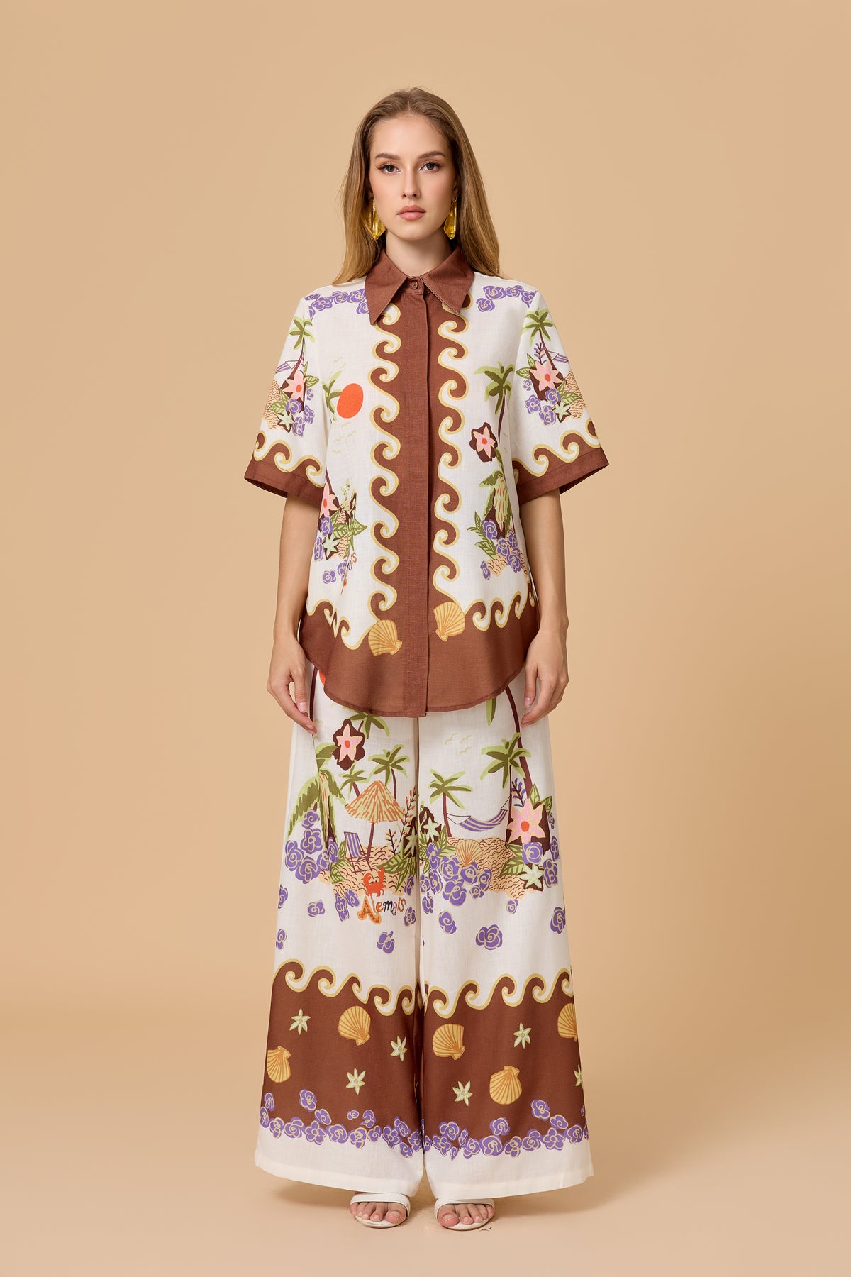 Vacation Beach Coconut Tree Print Shirt Wide Leg Pants Set