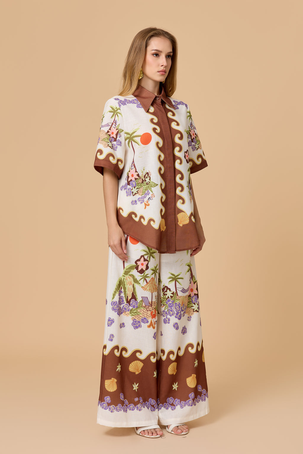 Vacation Beach Coconut Tree Print Shirt Wide Leg Pants Set