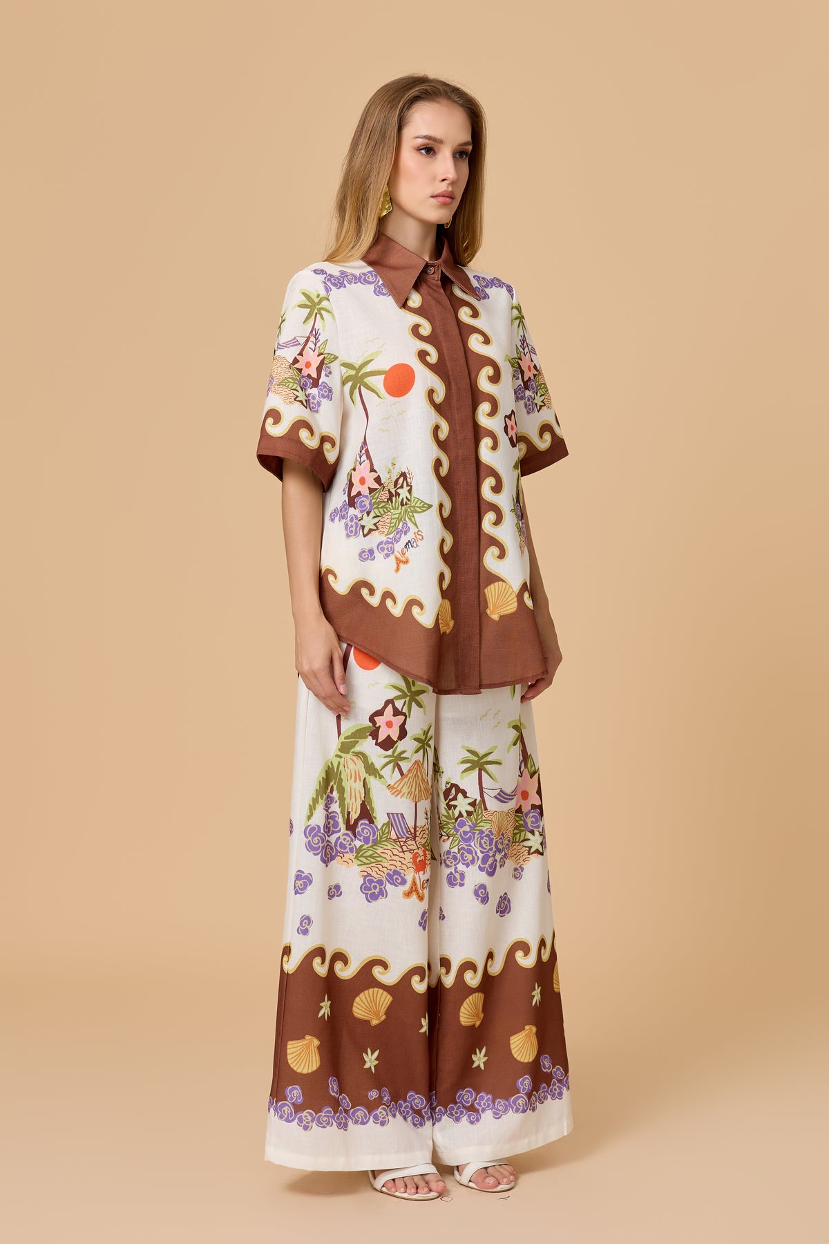 Vacation Beach Coconut Tree Print Shirt Wide Leg Pants Set