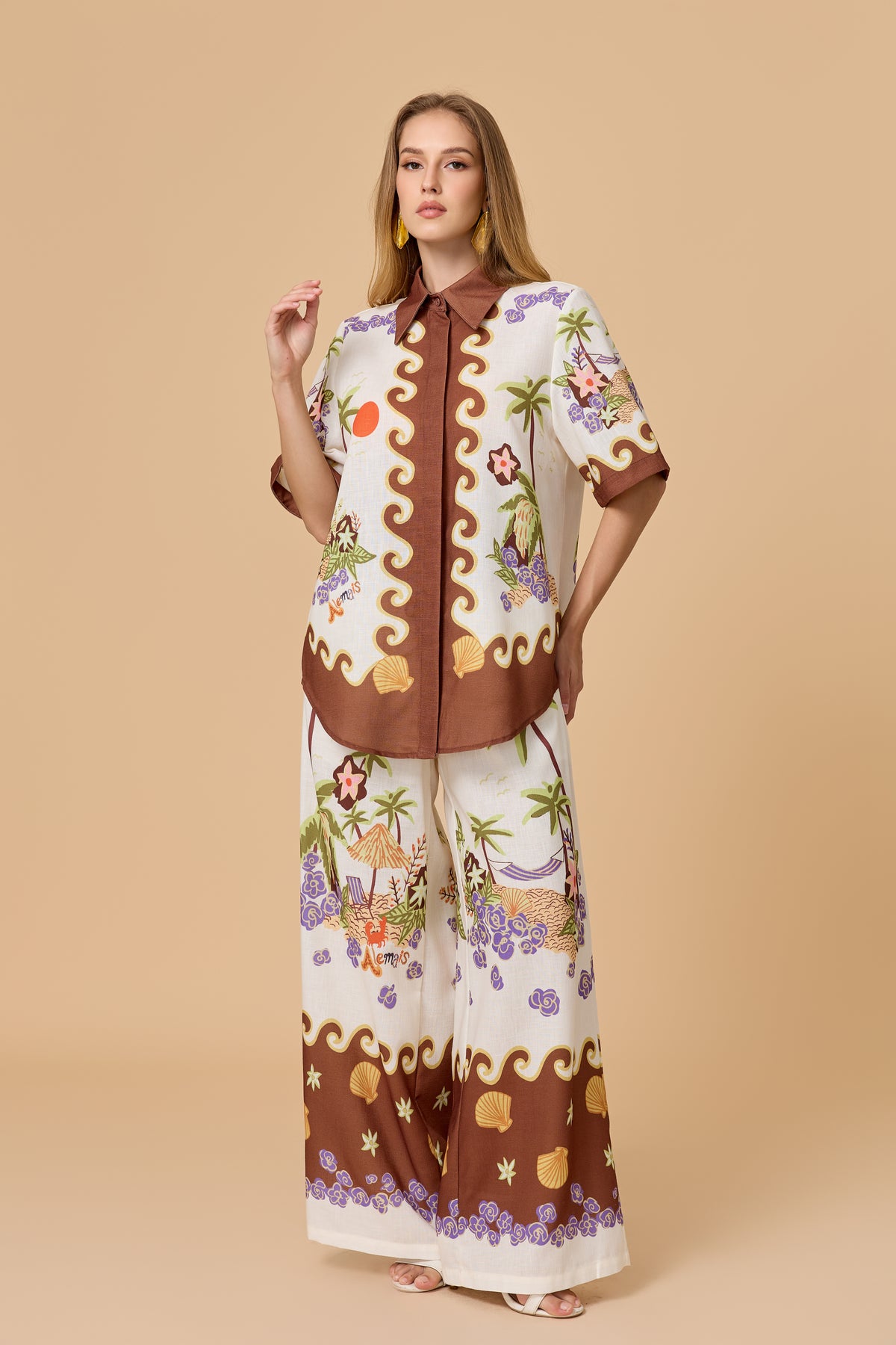 Vacation Beach Coconut Tree Print Shirt Wide Leg Pants Set